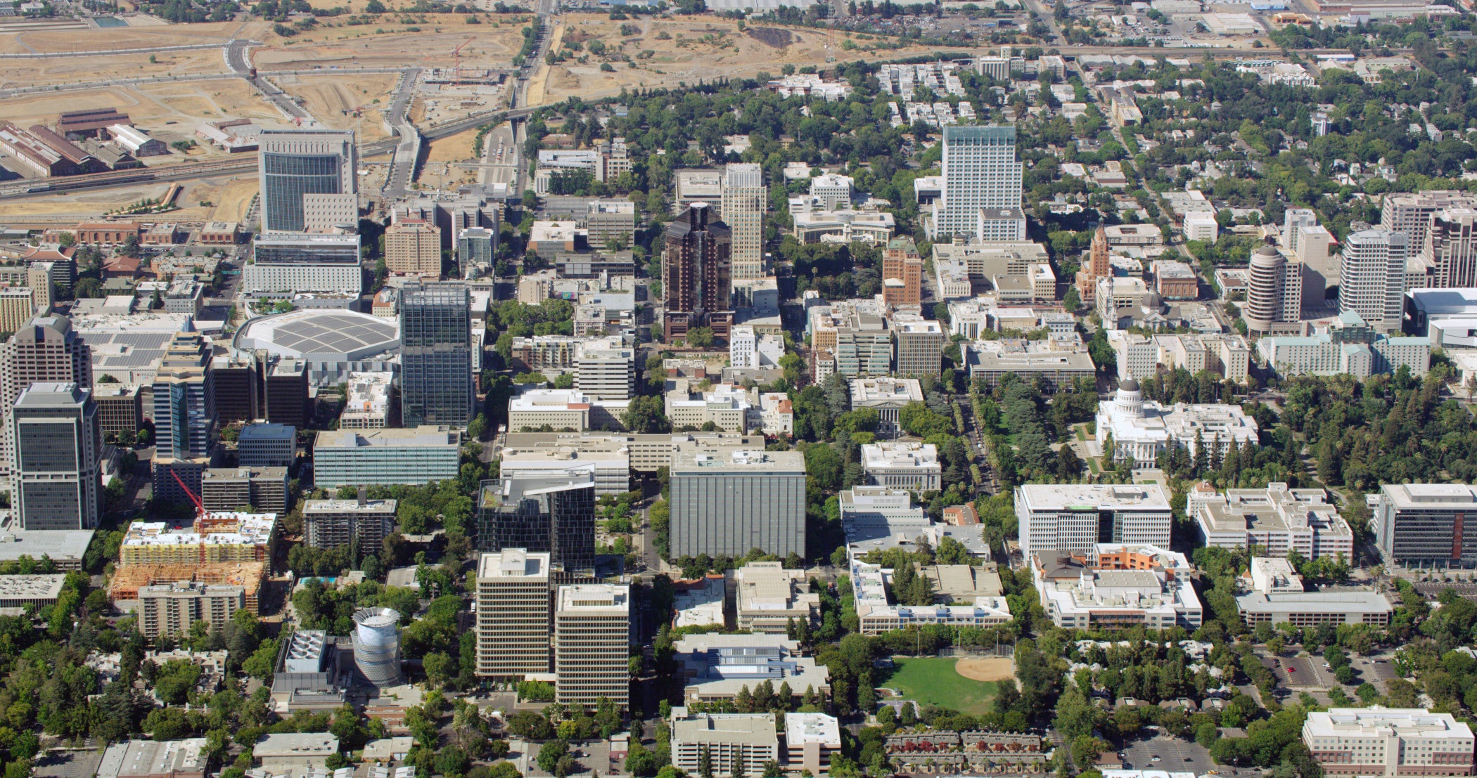 The Sacramento City Council approved the start of construction for a soccer stadium in the Railyards district, shown in the upper left of the photo. (Getty Images)
