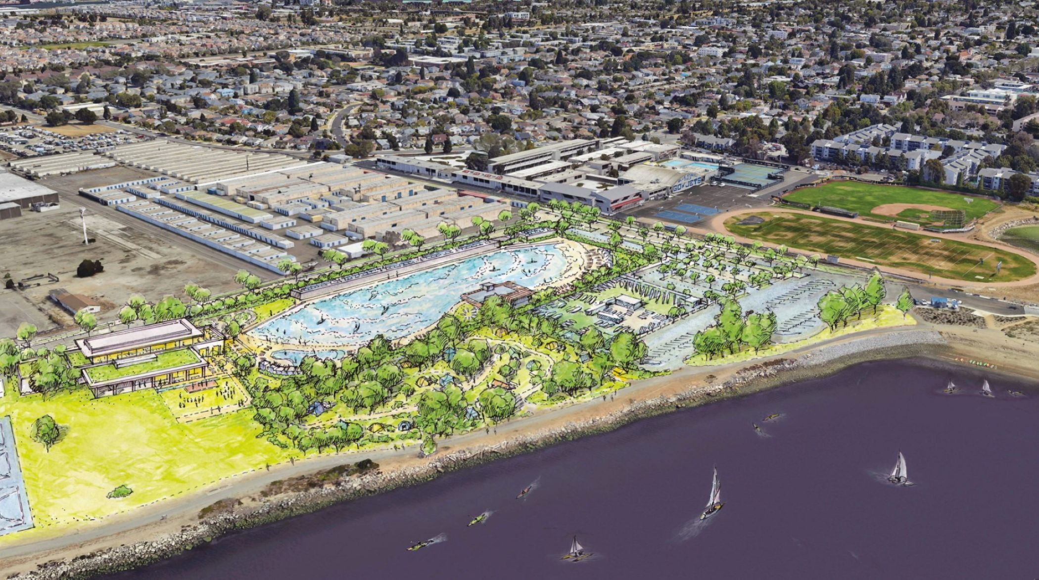 A rendering of the proposed Neptune Beach Surf Park in Alameda, California, depicts a wave pool and other beachside activities. (City of Alameda) 
