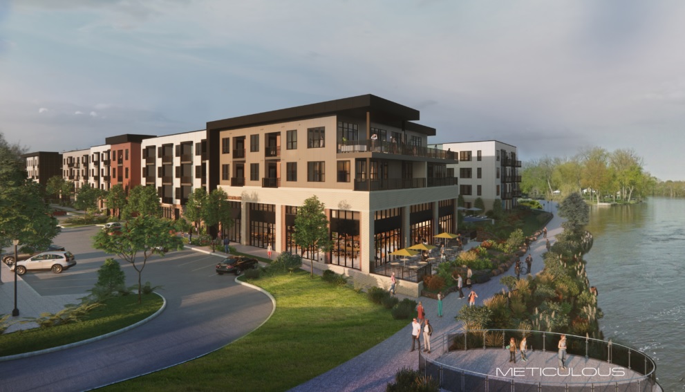 The planned multifamily and commercial development in Mishawaka, Indiana, is expected to have riverfront restaurant space and public parking, as seen in this rendering. (Meticulous)
