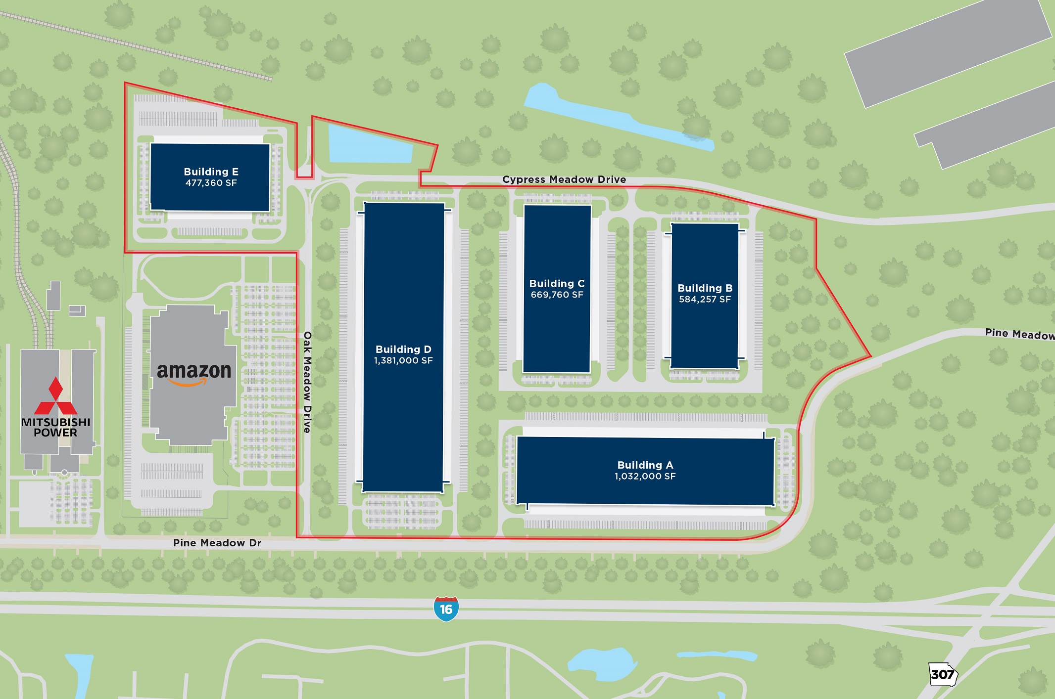 Site plan of the five-building Live Oak Logistics Center in Pooler, Georgia. (Seefried Properties)