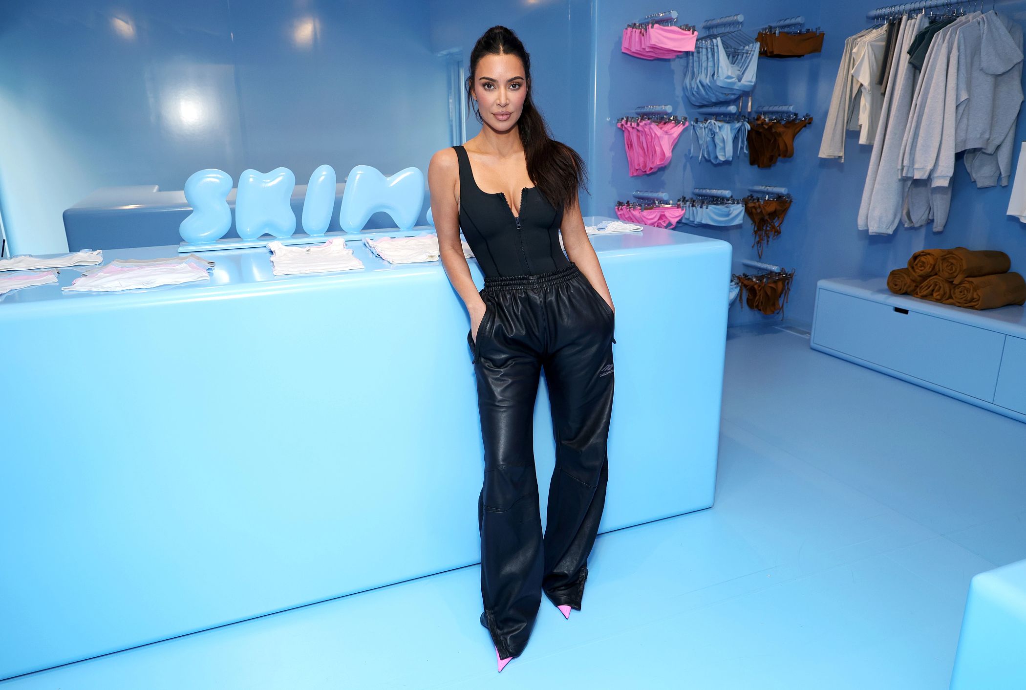 Kim Kardashian visits a Skims pop-up shop at New York's Rockefeller Center in 2023, before the brand began opening permanent stores. (Getty Images)