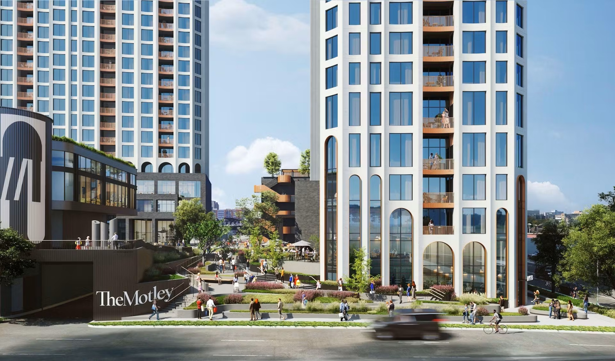 Architects at Hastings designed the exterior of the Motley apartment tower to reflect the site's history as the location of a former dairy plant. (Hastings)