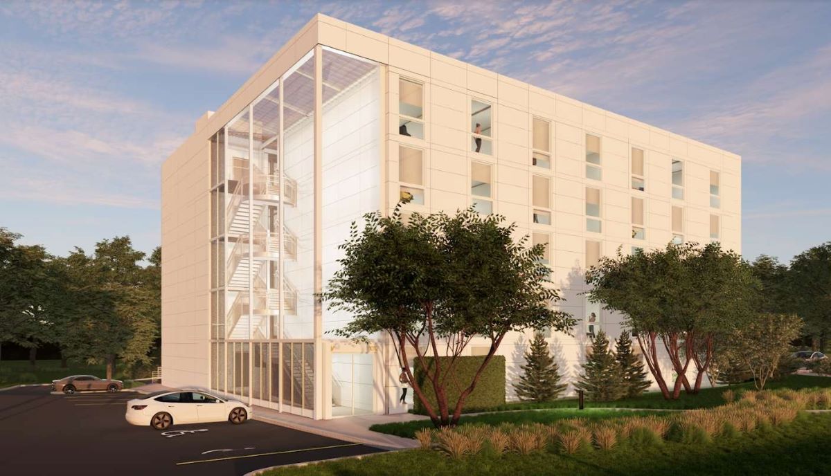 A rendering for a Vessel Technologies development in Rocky Hill, Connecticut, showcases the company's concept for simple, repeatable designs aimed at cutting costs and lowering rents. (CoStar)