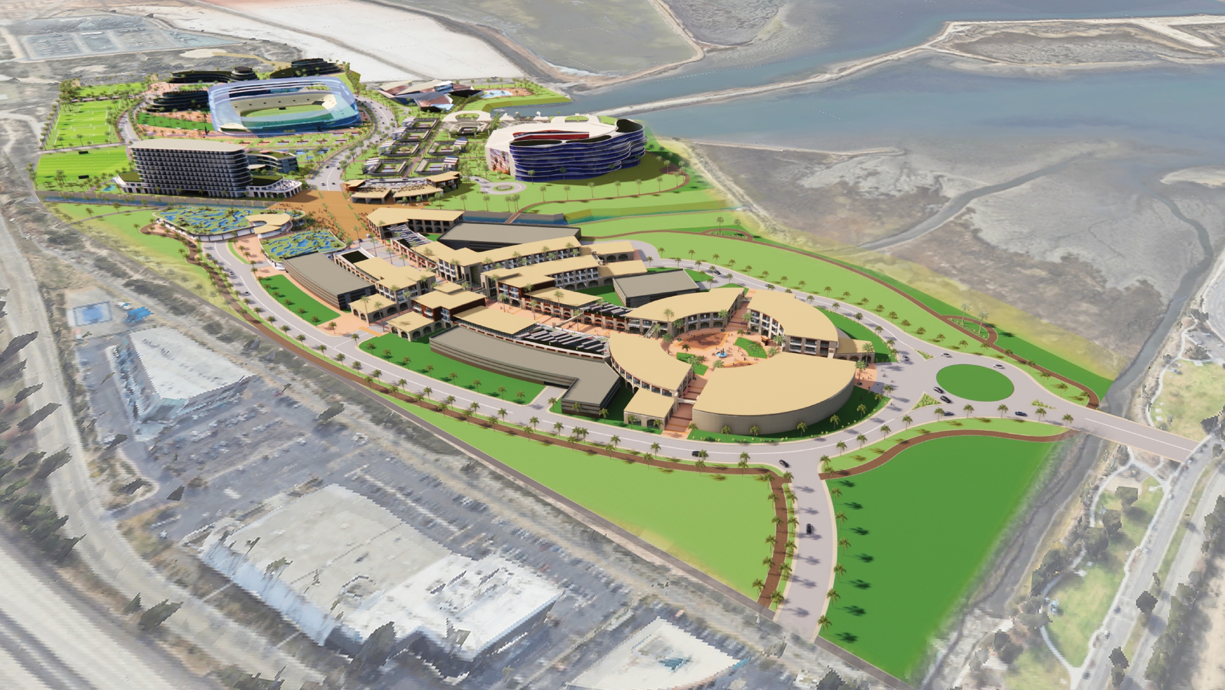 Plans for the 124-acre Pangaea include several sports and entertainment facilities, along with hotels and offices. (Divaris Group/Tucker Sadler Architects)