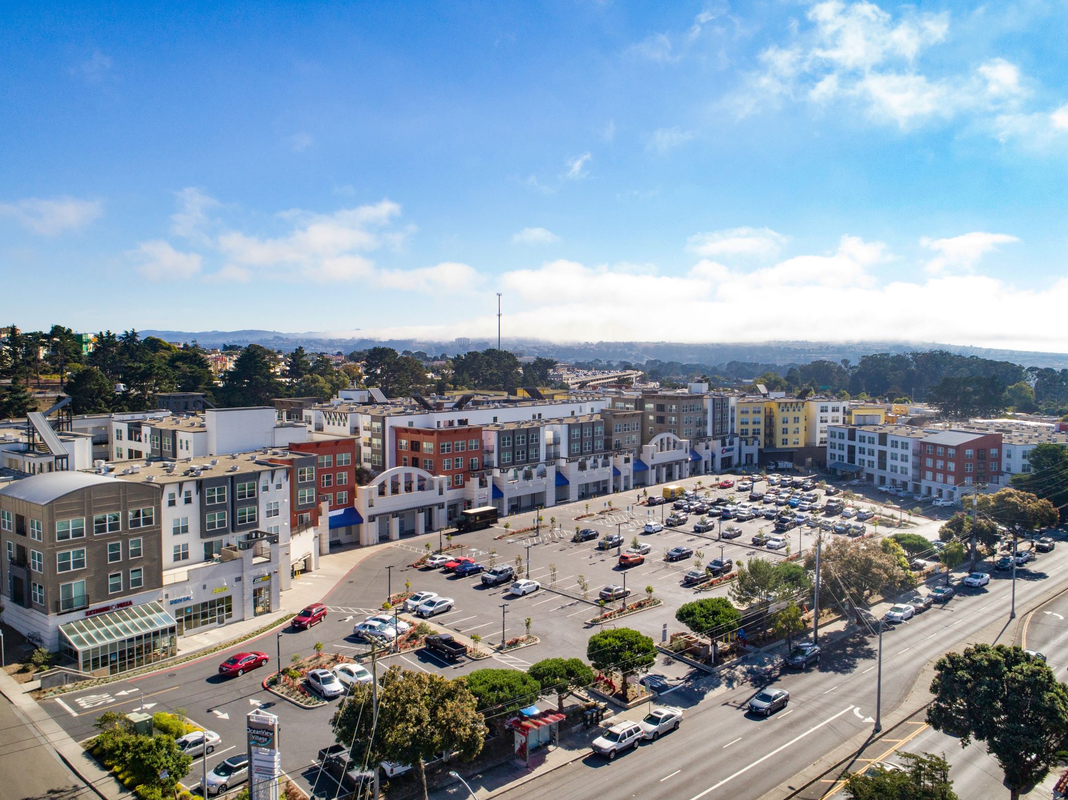 Oceanview Village Shopping Center in South San Francisco has an H Mart outpost and eateries alongside 370 condominiums. (CoStar)