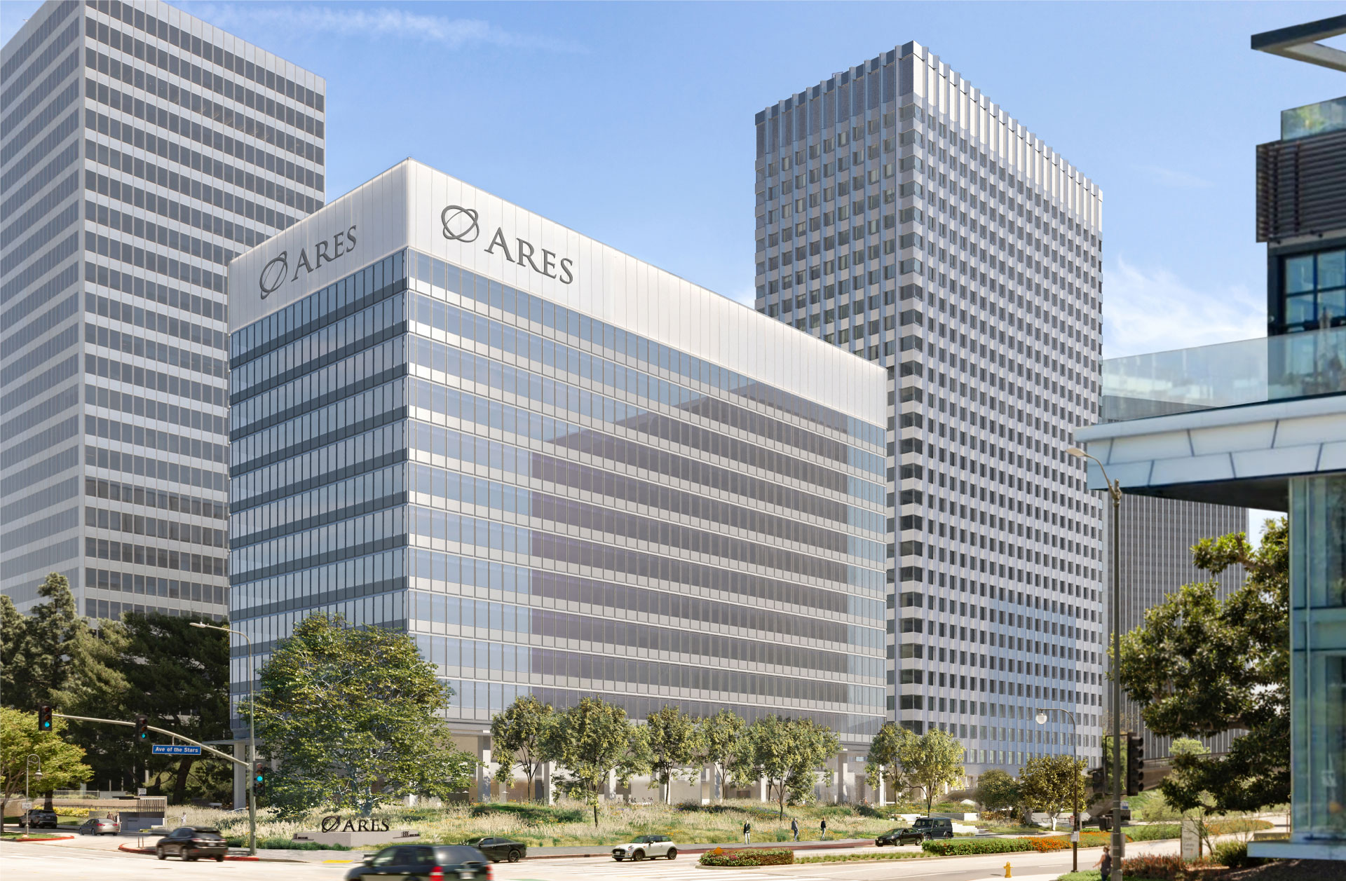 A rendering of Anderson Real Estate's 1900 Avenue of the Stars in Century City. The building, currently under renovation, is the future Los Angeles hub for Savills. (CoStar)