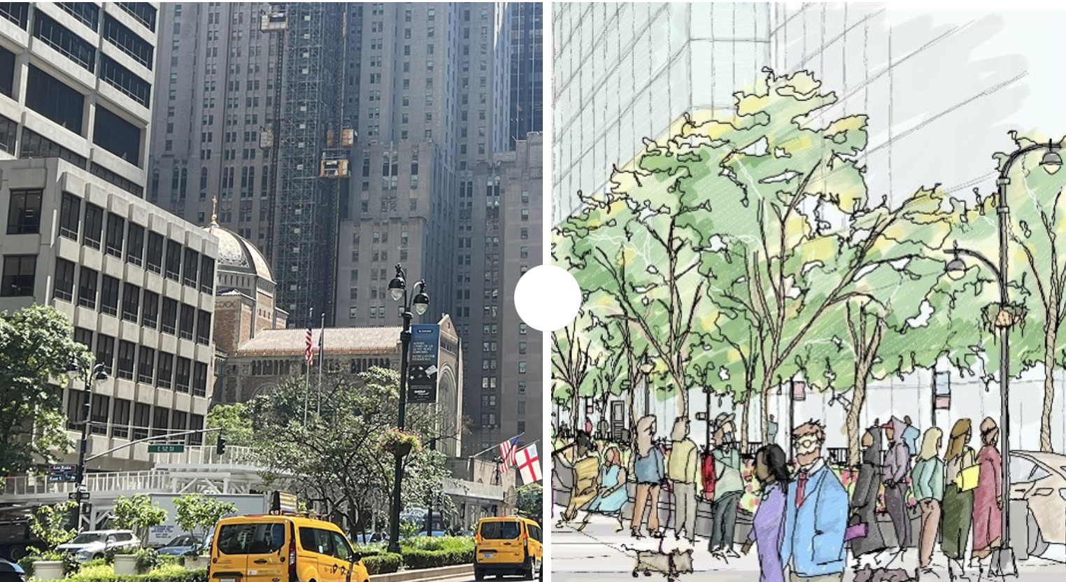 New York wants to widen the Park Avenue median north of Grand Central Terminal. Click and scroll left to see a rendering of how a wider Park Avenue median is expected to feature greenery, public seating and concessions. (Andria Cheng/CoStar; New York Department of Transportation)