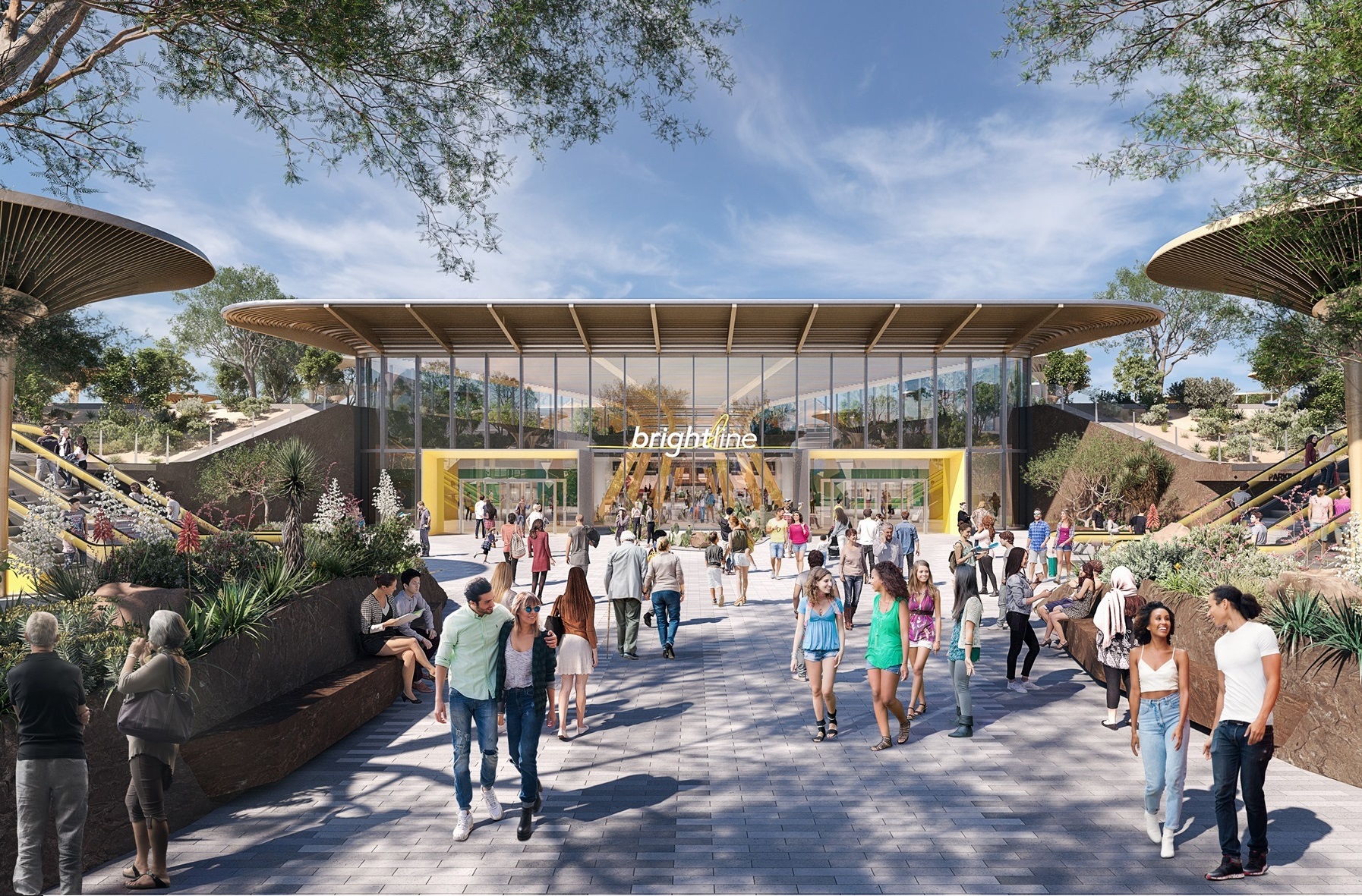 The London-based firm's design calls for the Las Vegas station on the planned Brightline West route to be partially submerged to create a visual connection with the surrounding desert. (Grimshaw)
