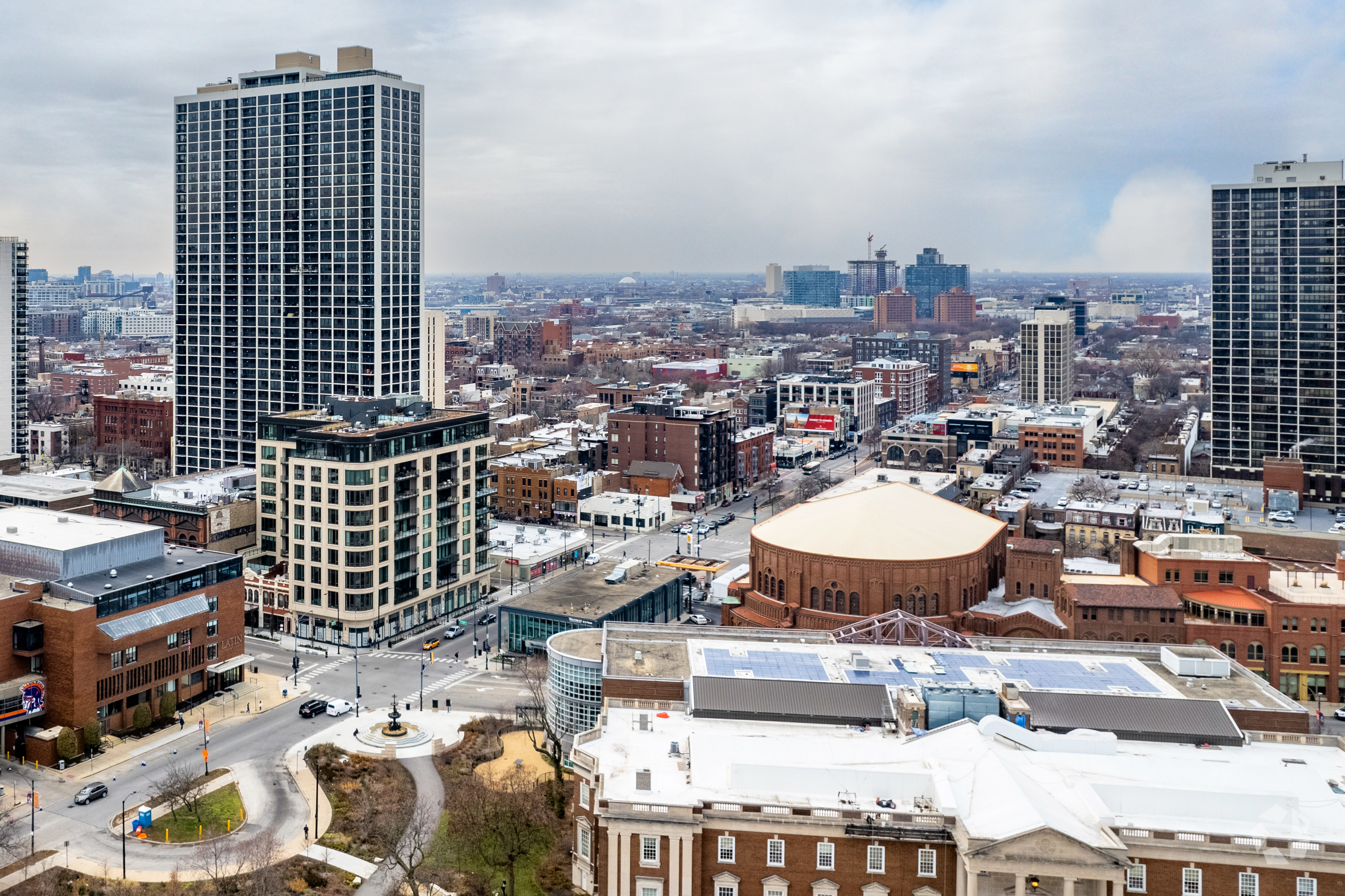 Developer Fern Hill wants to redevelop several properties near The Moody Church in Chicago’s Old Town neighborhood, center. (Justin Schmidt/CoStar)