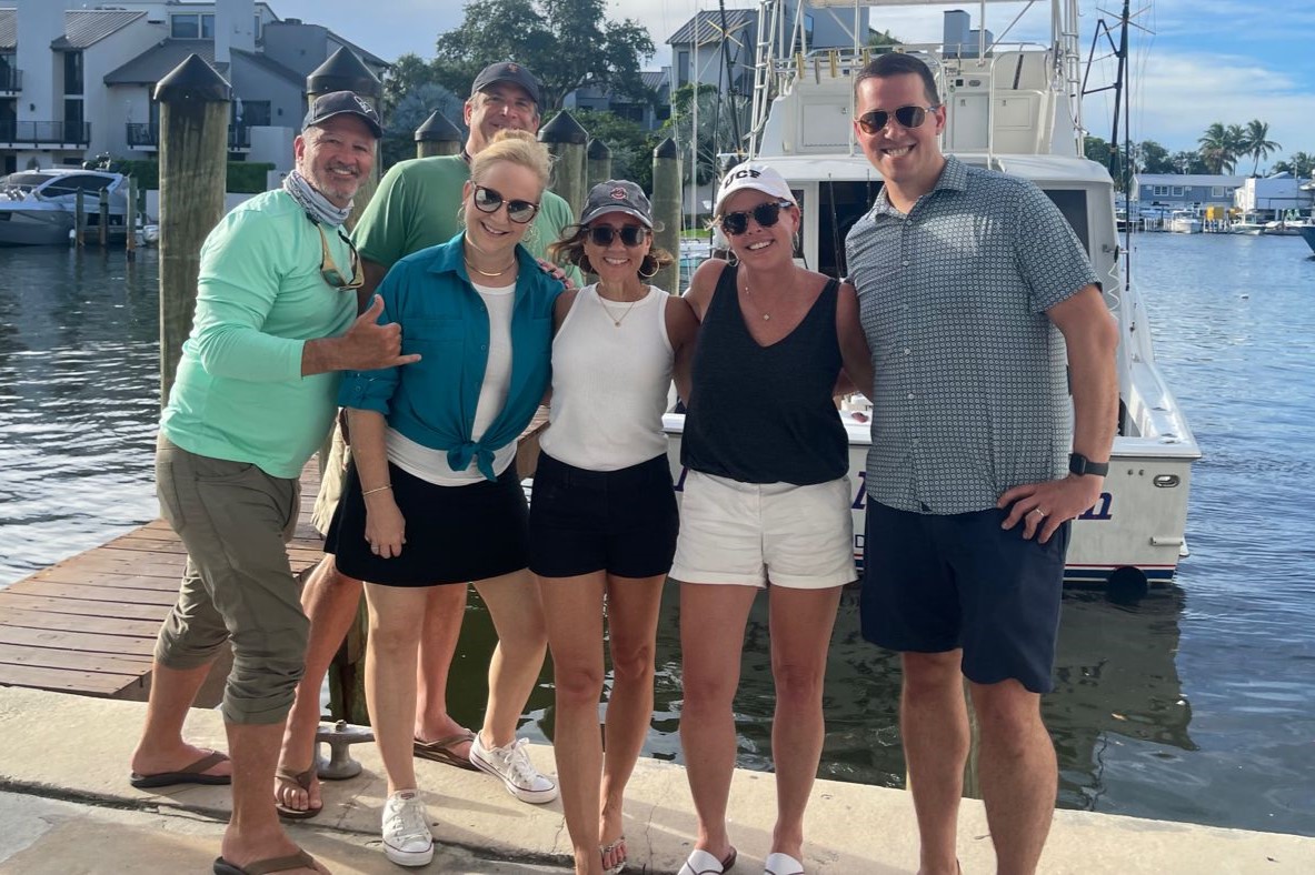 Part of the CBRE leadership team in Ft. Lauderdale, Florida, ended a third-quarter planning session with an afternoon of fishing. From left, John Renslow, Tripp Gulliford, Michelle Miller, Audrey Frey, Susan Bands and Richard Rosotti. (CBRE)