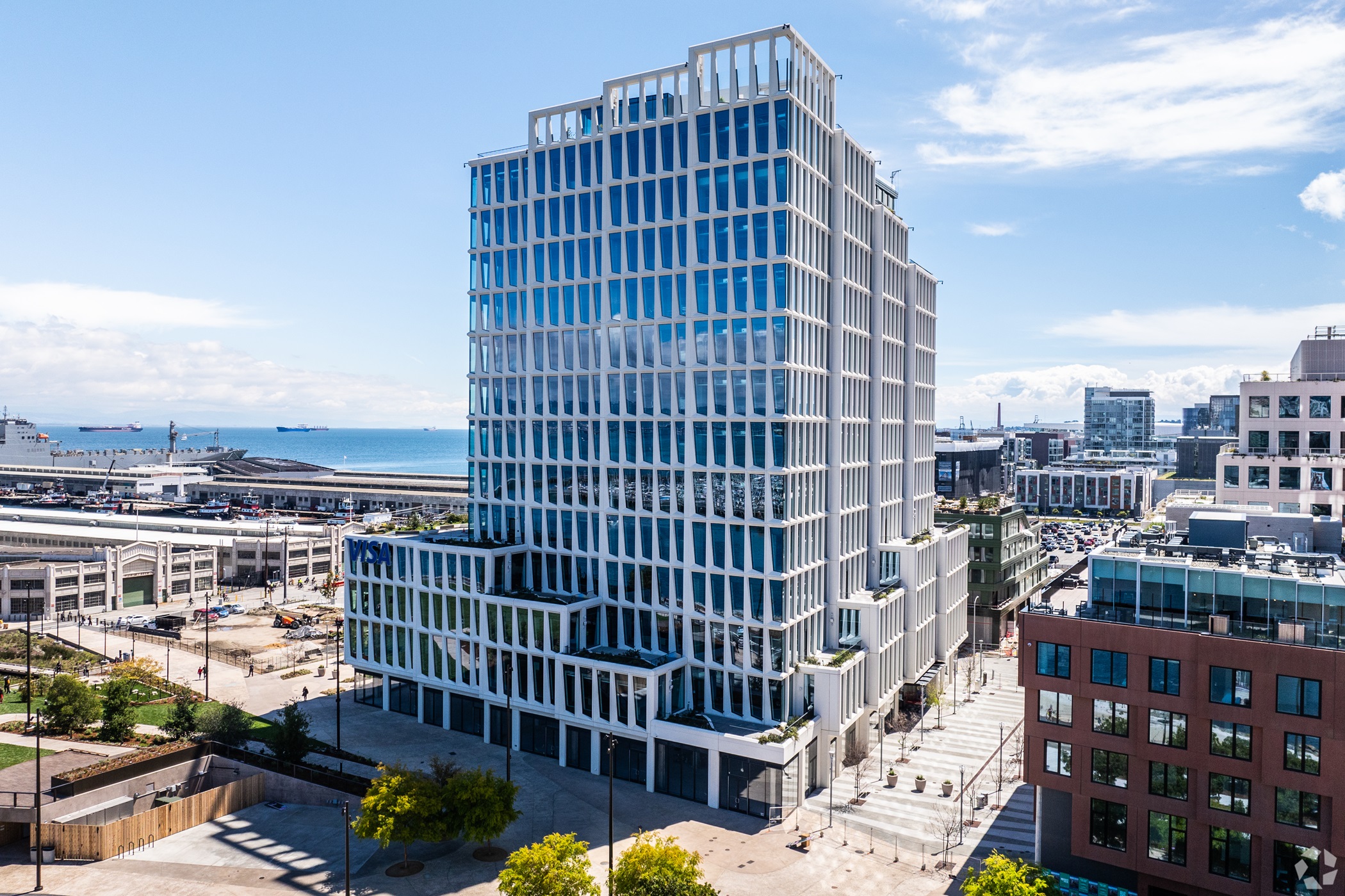 The Visa headquarters at 300 Toni Stone Xing in San Francisco is a 13-story, 321,355-square-foot property completed in 2023. (CoStar)