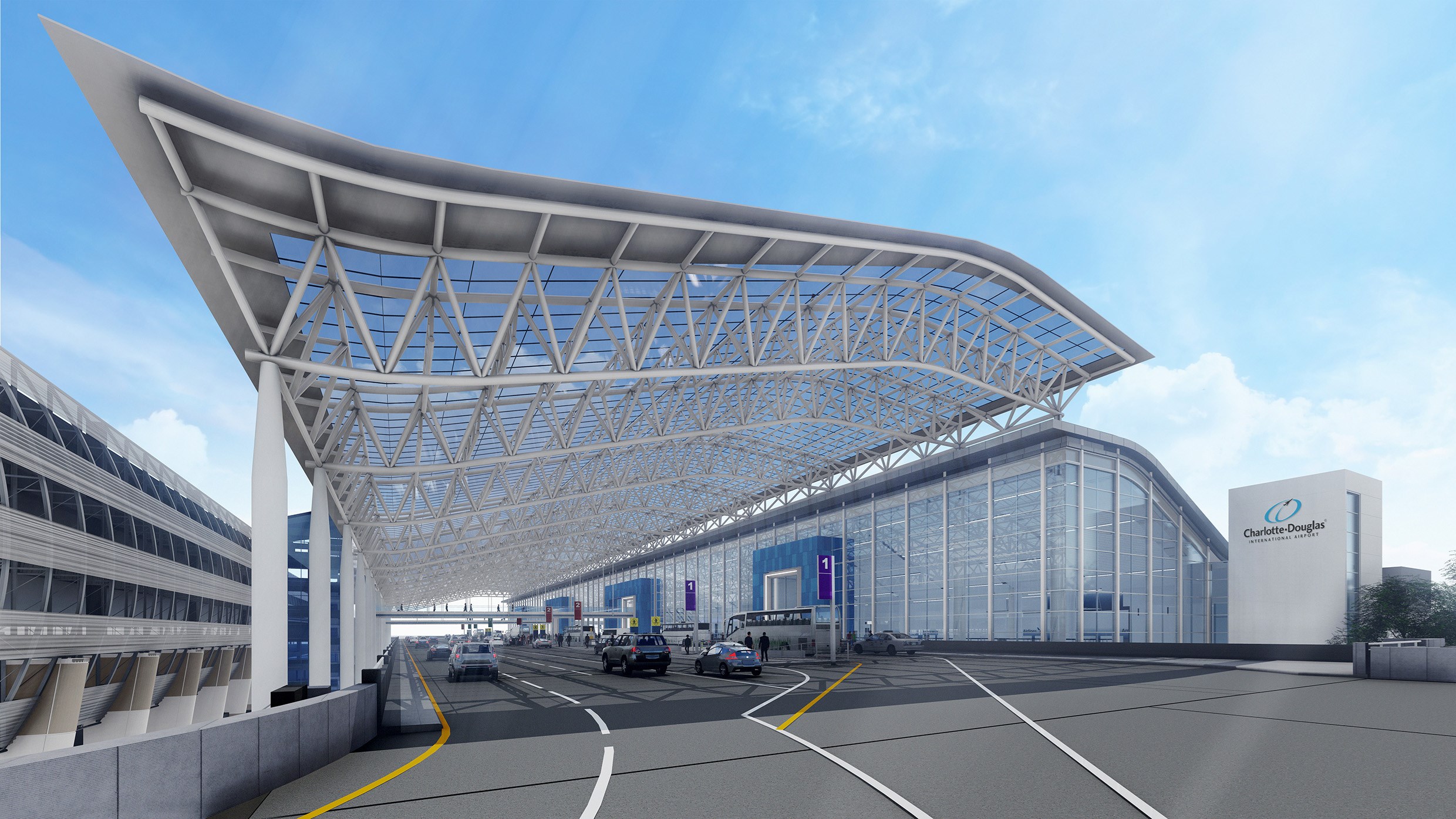 Charlotte Douglas International Airport in North Carolina is working on a $608 million expansion project, including the construction of a steel canopy over the main passenger drop-off area. (City of Charlotte)