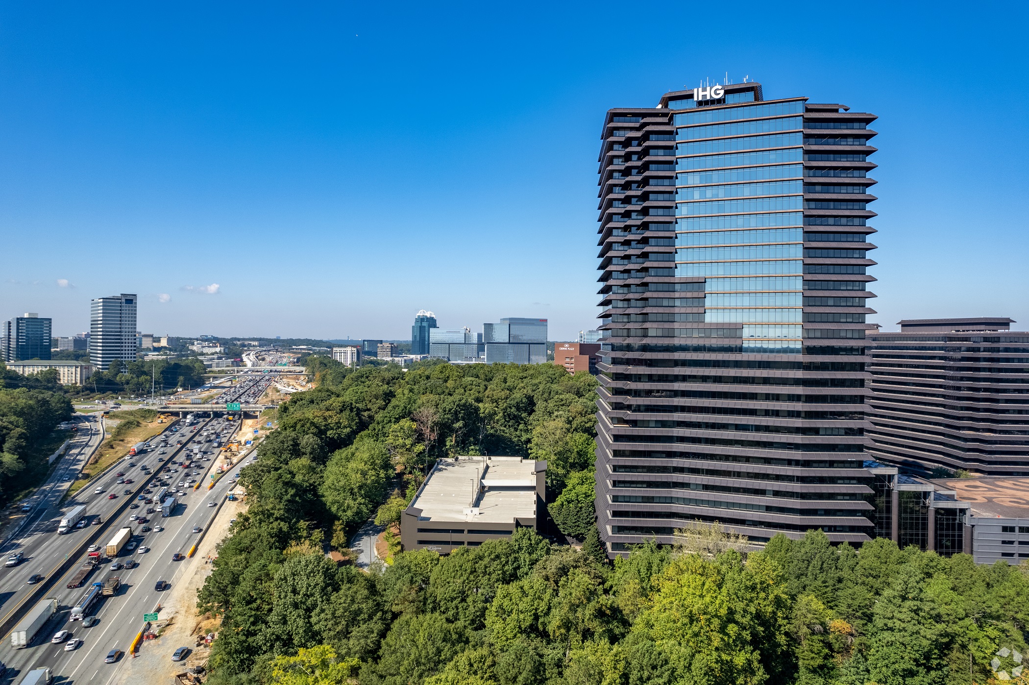The 3 Ravinia office tower, where IHG Hotels & Resorts has a large office, is one of the tallest buildings in suburban Atlanta. (CoStar)
