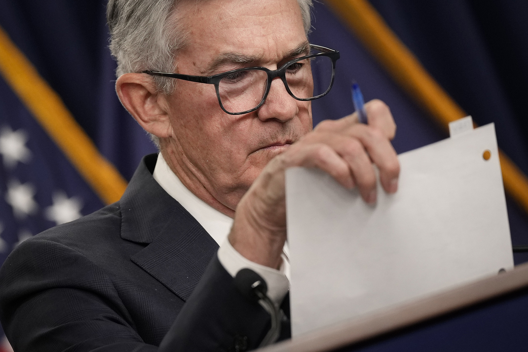 Federal Reserve Board Chairman Jerome Powell looks at notes while speaking during a news conference after Wednesday's meeting of the Federal Open Market Committee. (Getty Images)
