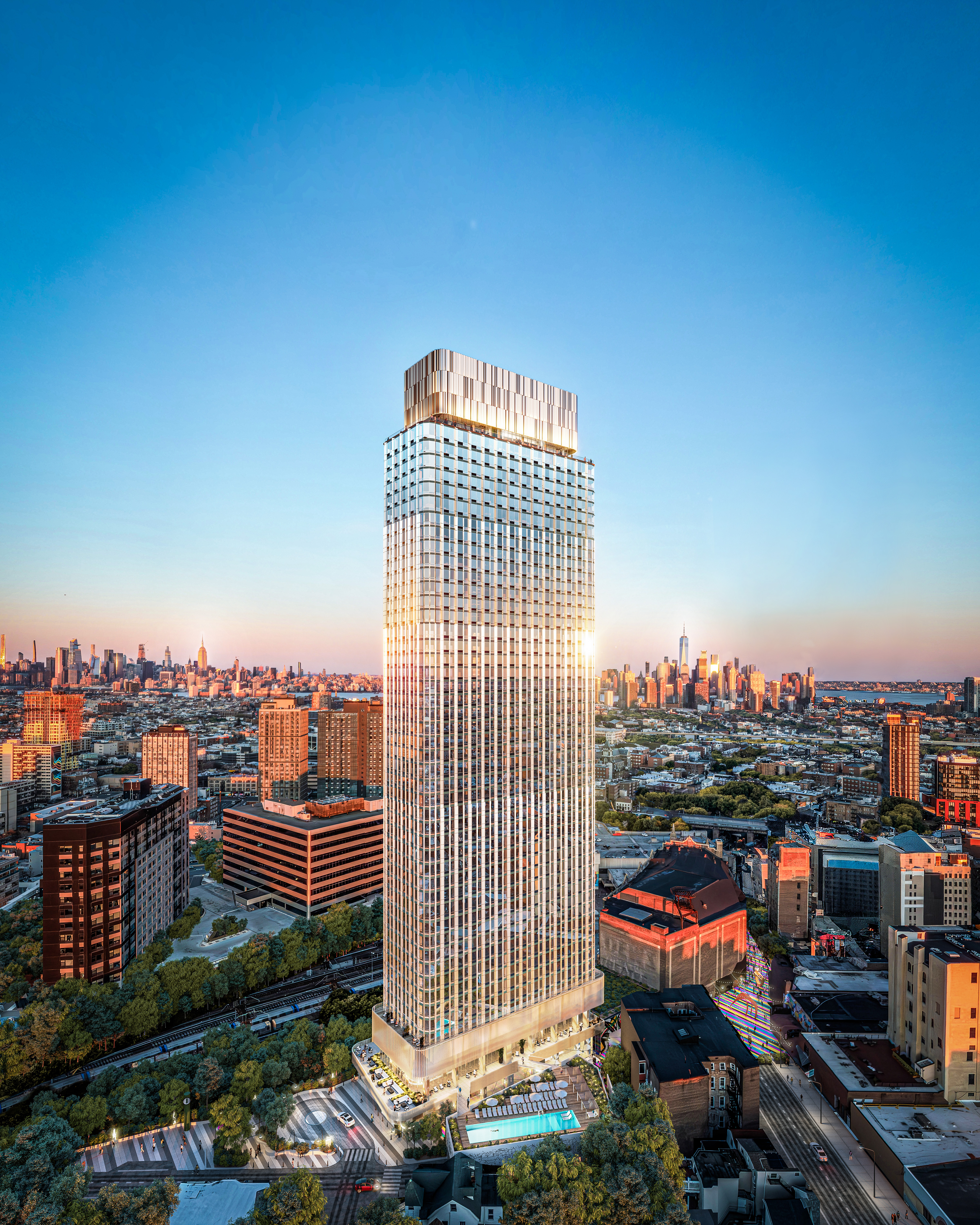 KRE Group is slated to complete the first Artwalk tower in Jersey City in the fourth quarter of 2027. (Kennedy Wilson)