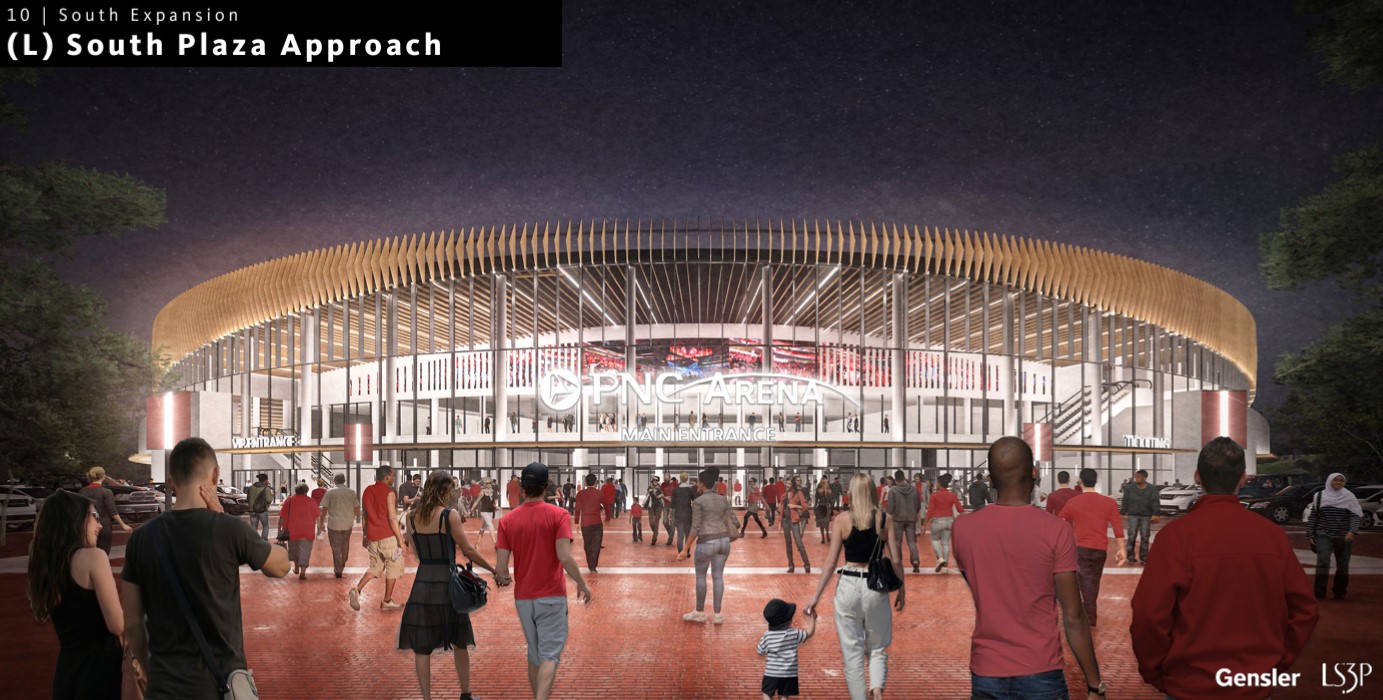 Rendering of the main entrance to PNC Arena. (Gensler and LS3P)