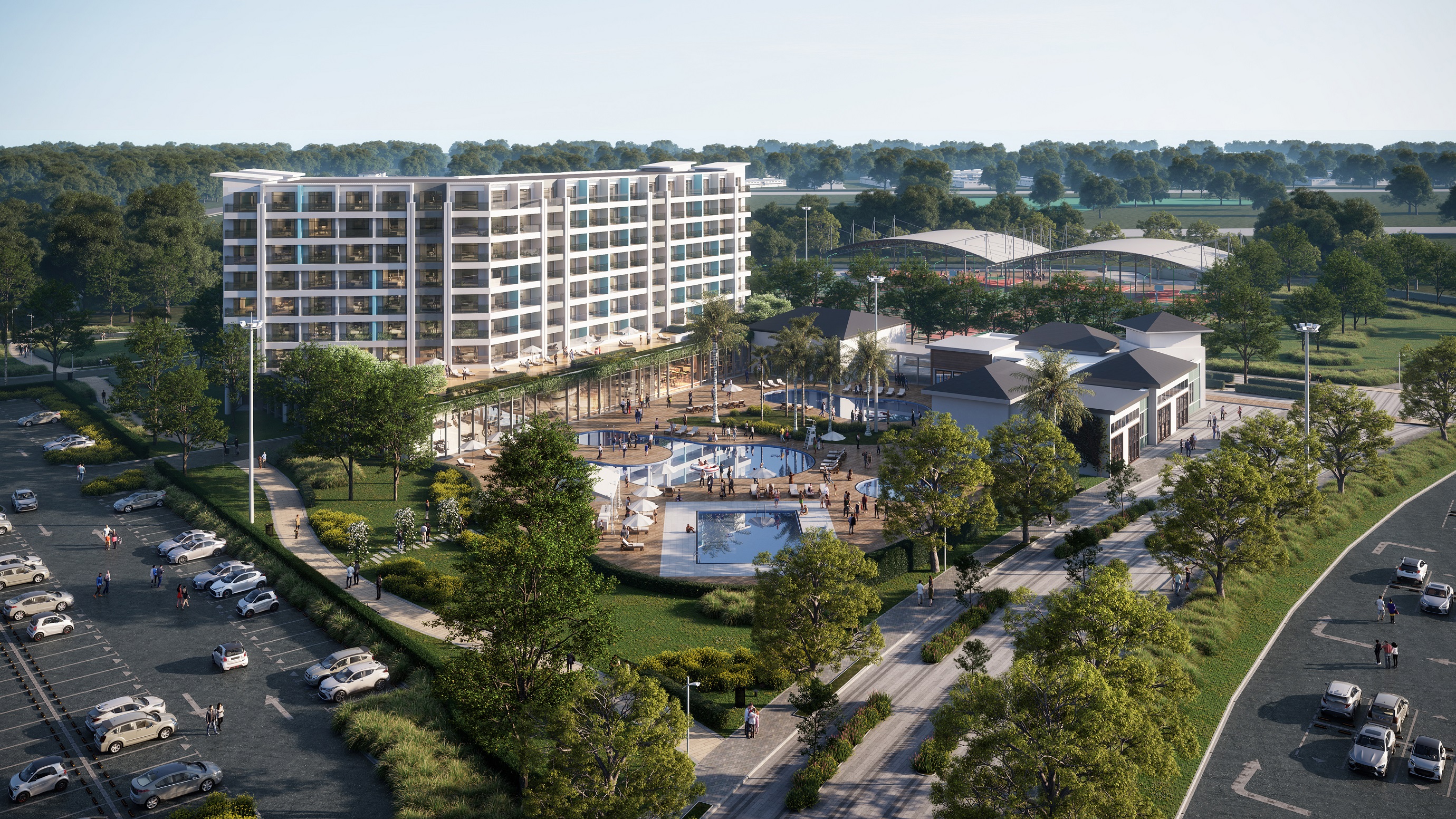 A 298-unit residential property and a 200-room hotel are in the works for an 80-acre site adjacent to Monmouth Park Racetrack. (Minno & Wasko Architects and Planners/JEMB Realty)