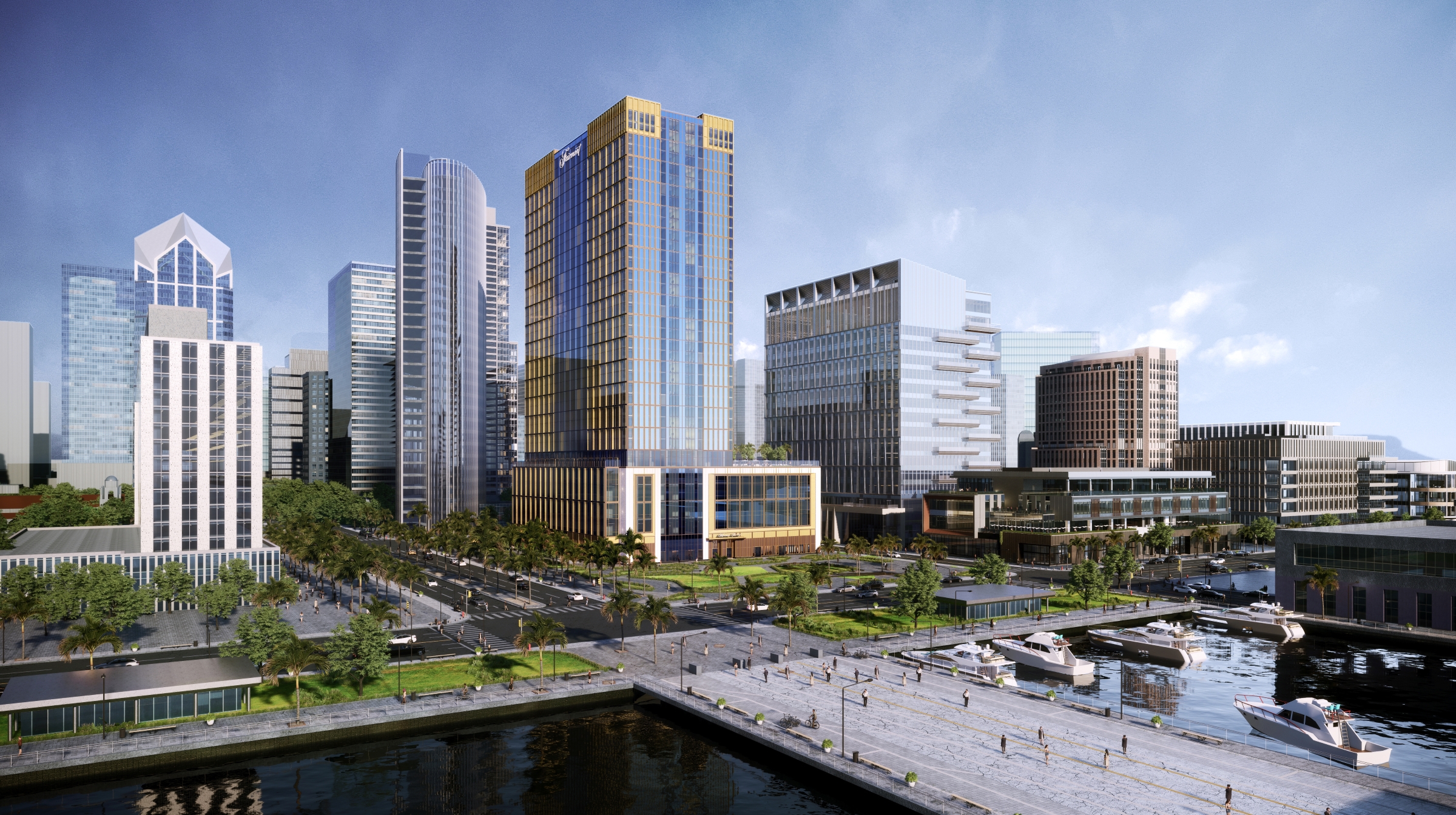 The 1,160-room Fairmont Manchester San Diego, at center, is being planned for a 2027 opening on the downtown waterfront. (Fairmont Manchester San Diego/Gensler)