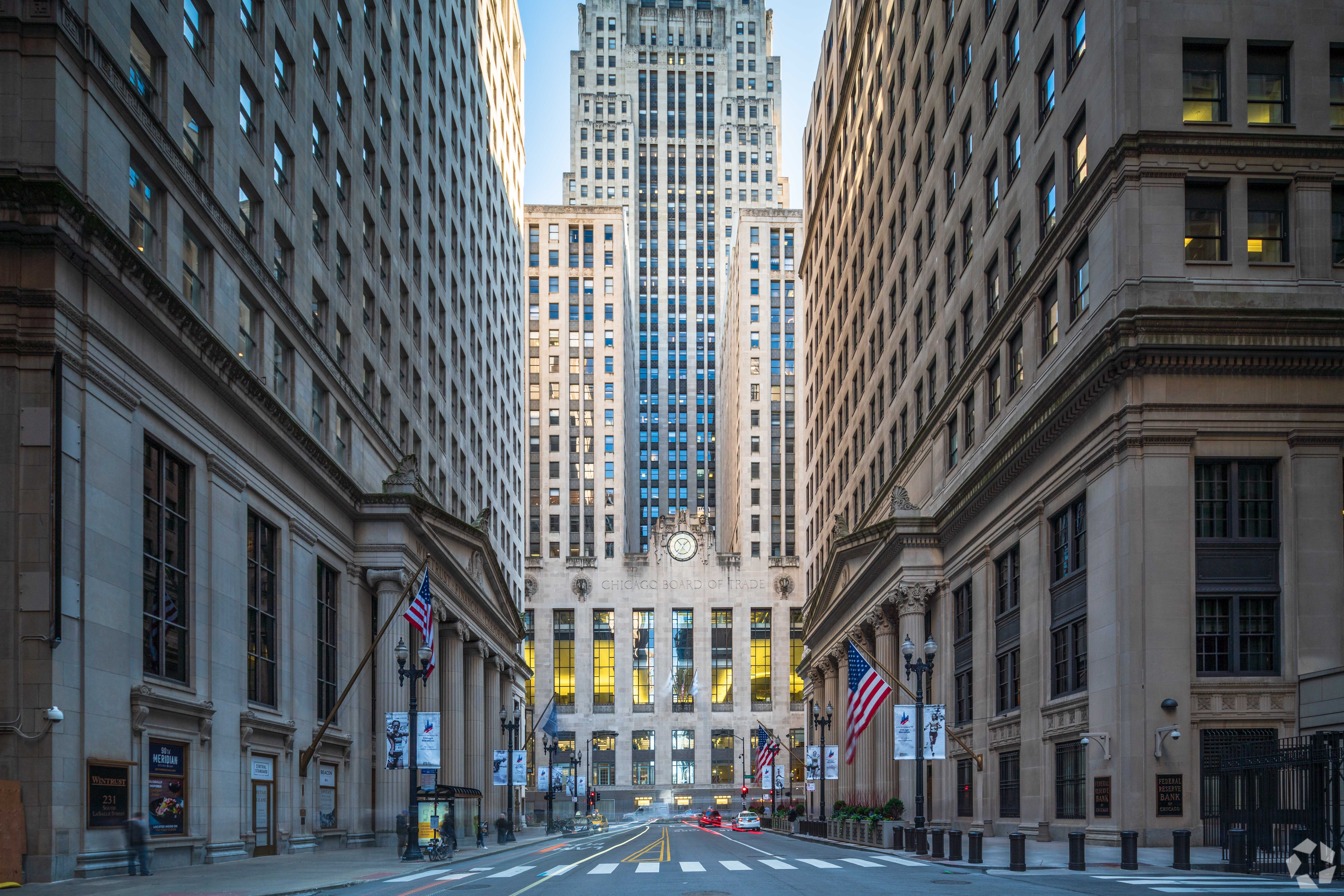 The so-called canyon of office towers on LaSalle Street ends at the Chicago Board of Trade Building on the south end. (Gian Lorenzo Ferretti/CoStar)