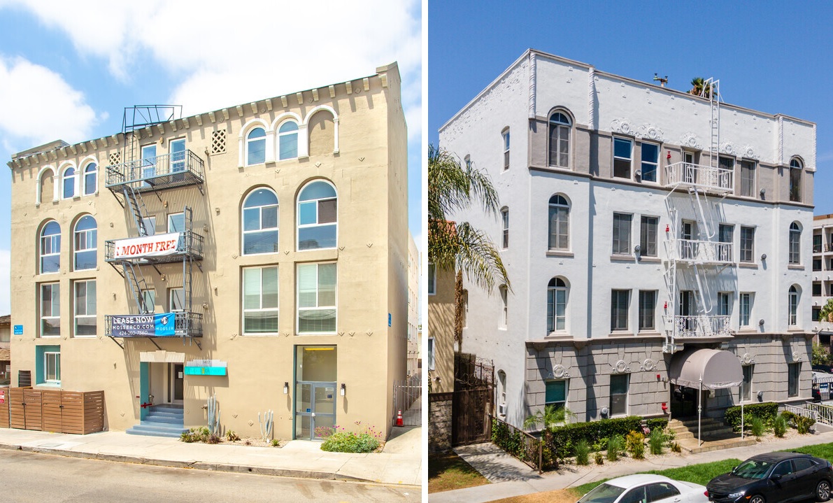 The Studios@Bronson, left, and The Gramercy Manor Apartments, right, were both built in 1928 in Los Angeles County. (CoStar)