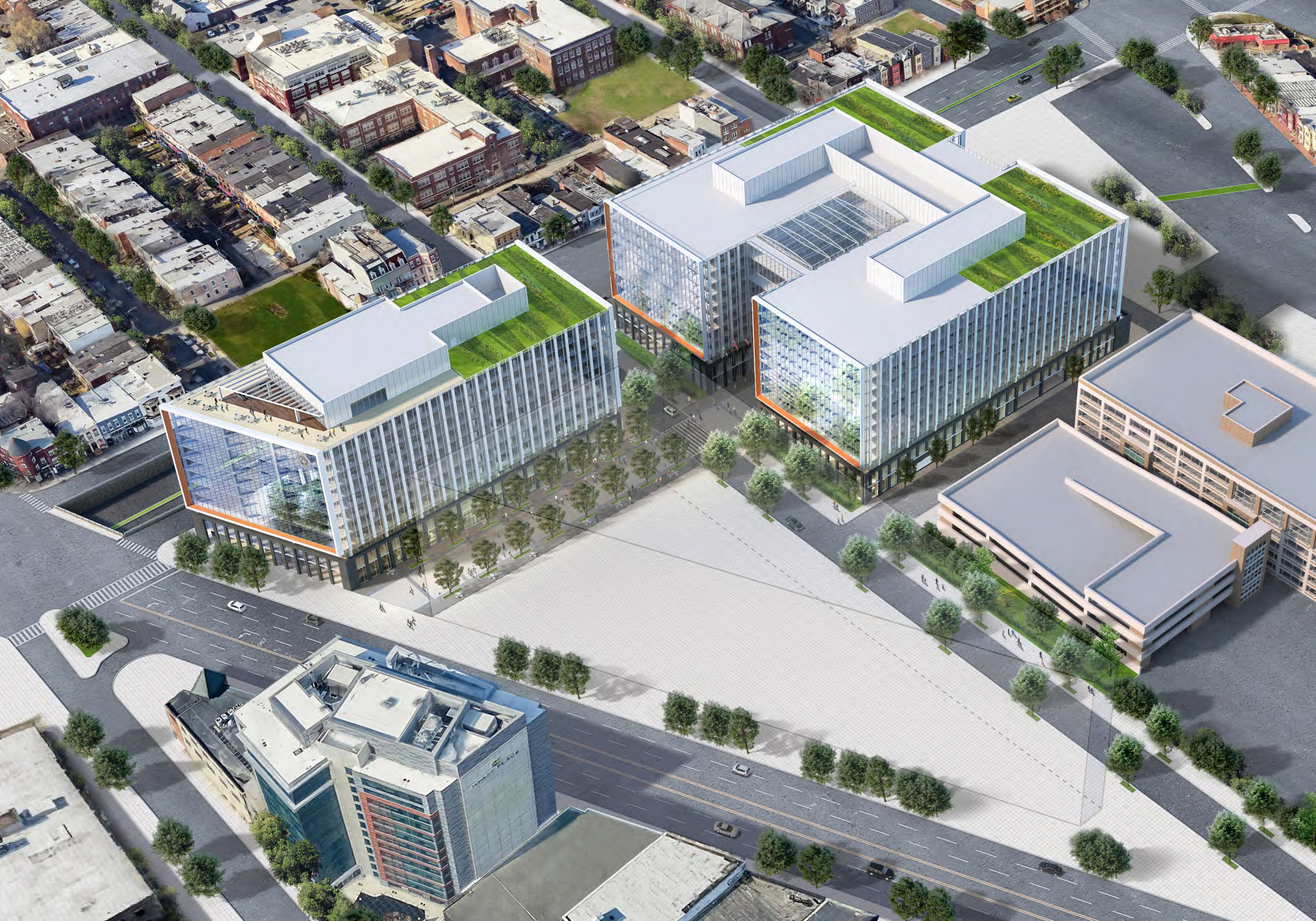A rendering depicts the two-building complex known as Financial Plaza that’s intended to become the Securities and Exchange Commission’s new headquarters. (Douglas Development)