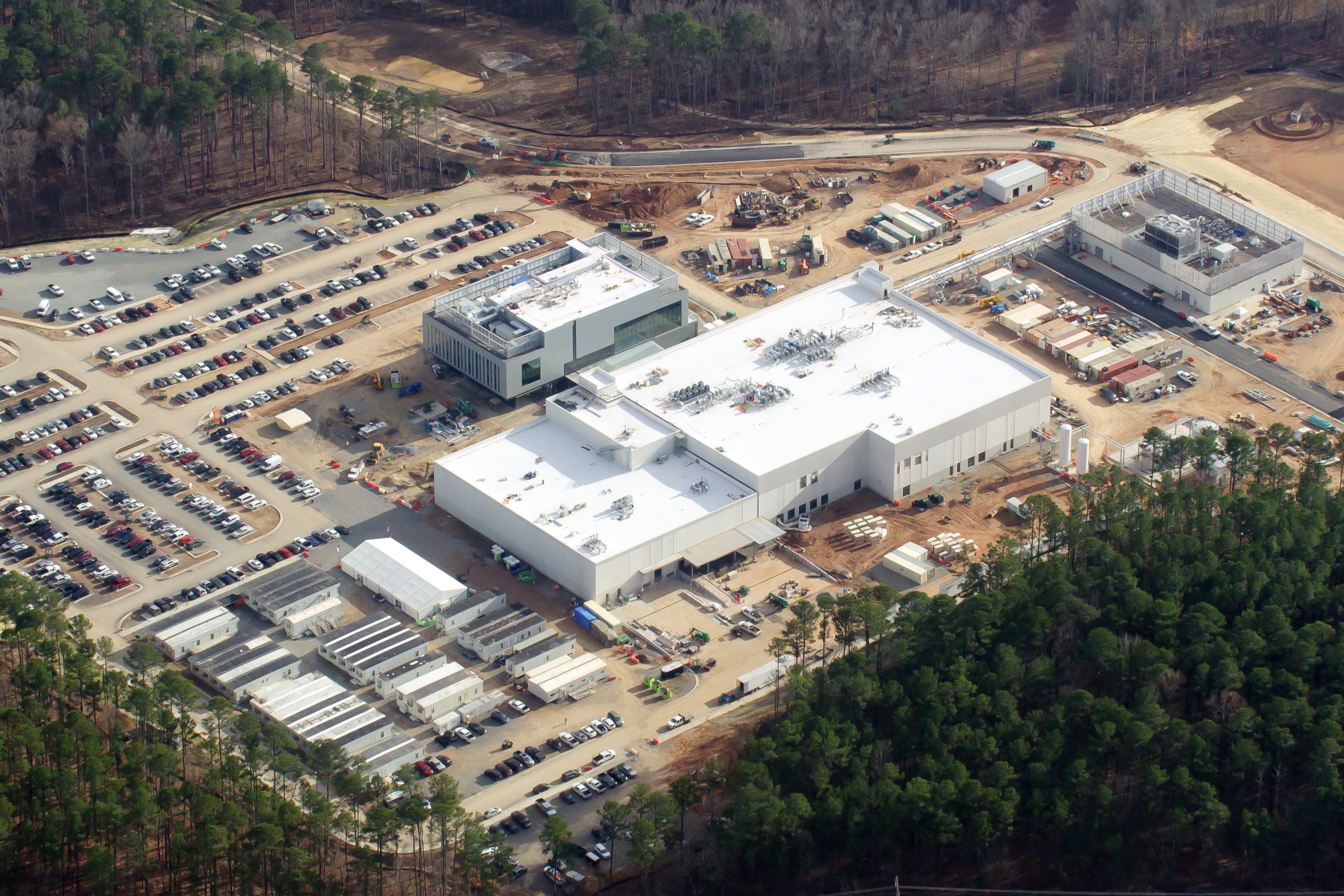 An aerial view of the first of Amgen’s drug manufacturing plants in Holly Springs, North Carolina, which is nearing completion. (CoStar)