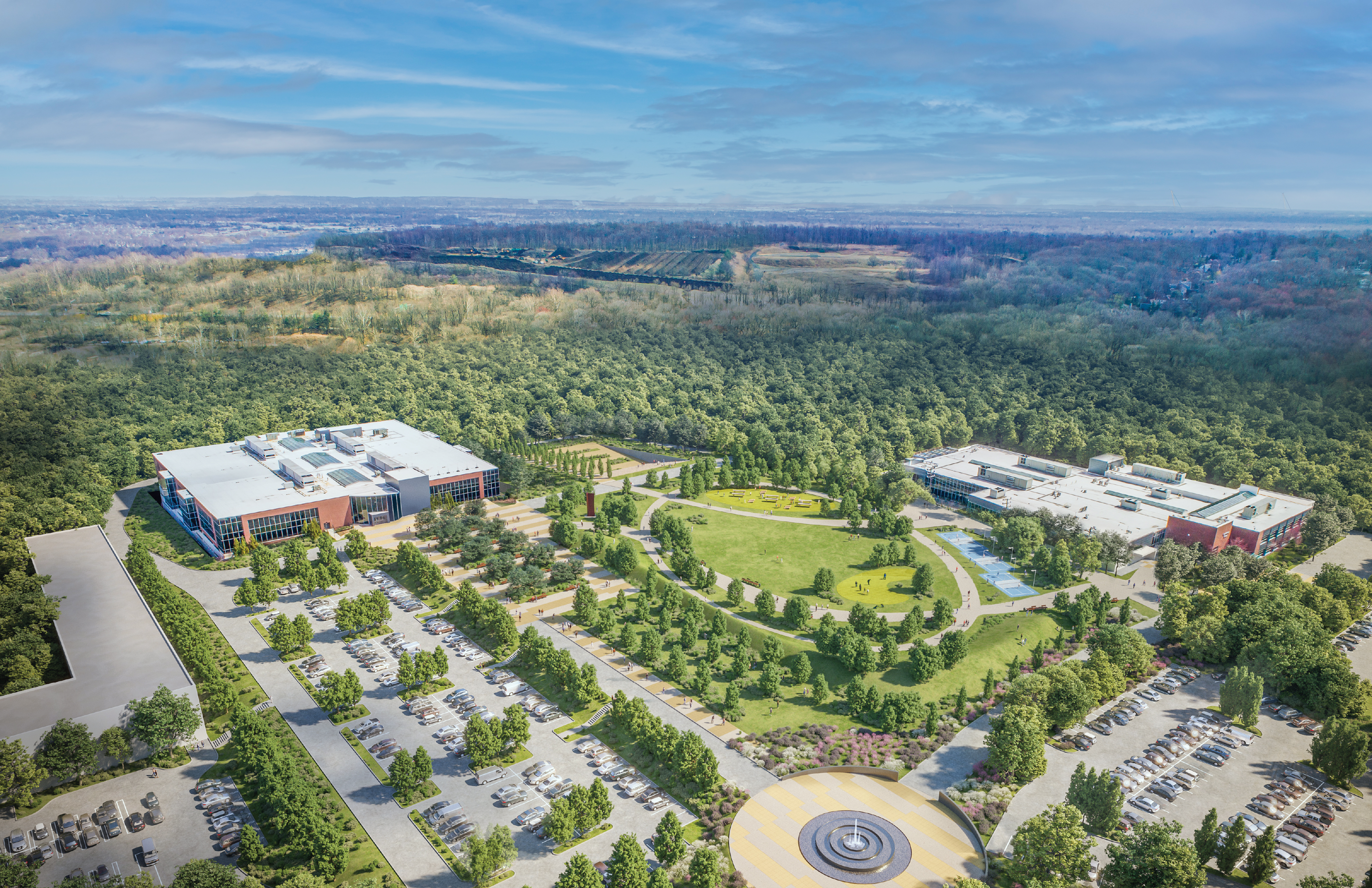 One proposal for Celgene's former headquarters calls for the razing of nine buildings to create a large green space. (HLW)
