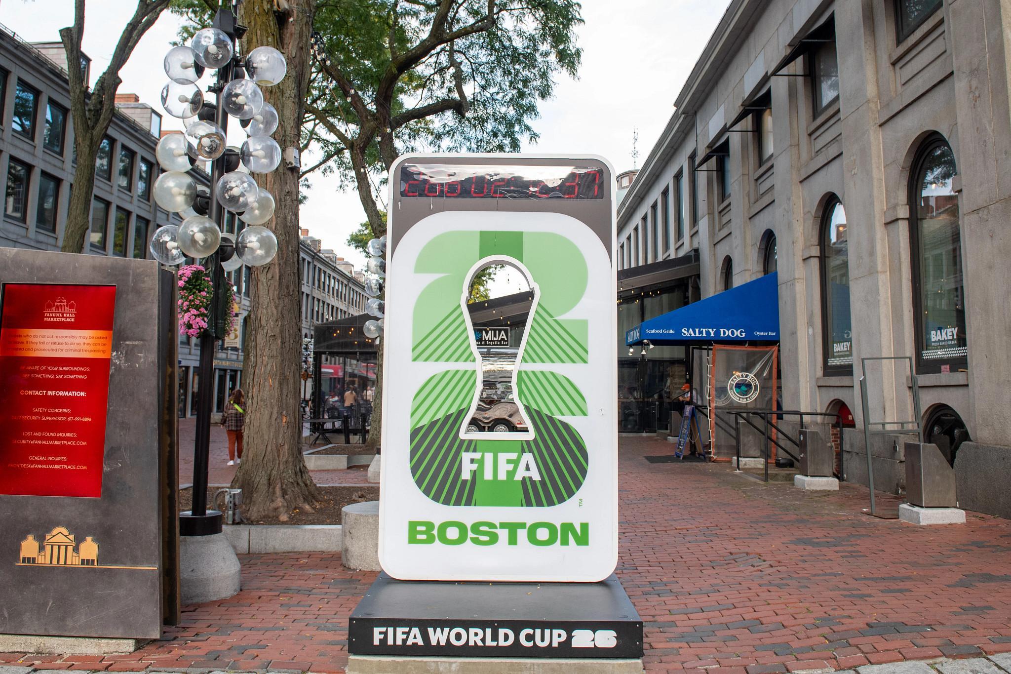 BOSTON, MA - SEPTEMBER 16: A general view of the FIFA World Cup 2026 countdown clock with the FIFA World Cup 26 Boston logo on September 16, 2025, next to Quincy Market, in Boston, MA. (Photo by Erica Denhoff/Icon Sportswire via Getty Images) (Icon Sportswire via Getty Images)