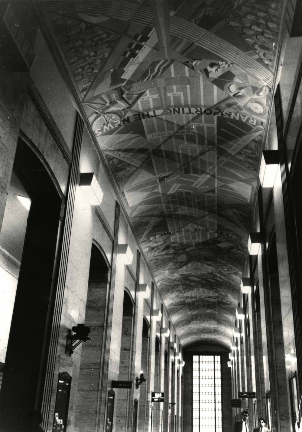 A large John Warner Norton mural — “Gathering the News, Printing the News, Transporting the News” — was once displayed on the ceiling of main entrance walkway at 2 North Riverside Plaza in Chicago. (Art Institute of Chicago/Ryerson &amp; Burnham Archives)