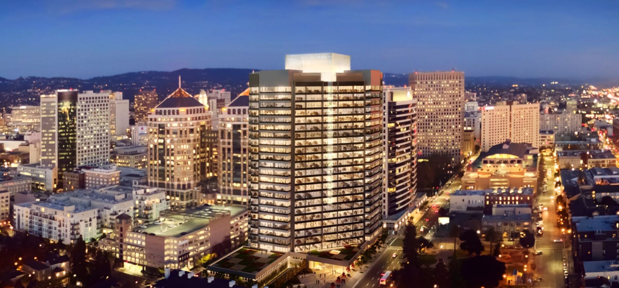Rendering of what Oakland&#39;s skyline with look like with the addition of 601 City Center, center. Photo: CoStar
