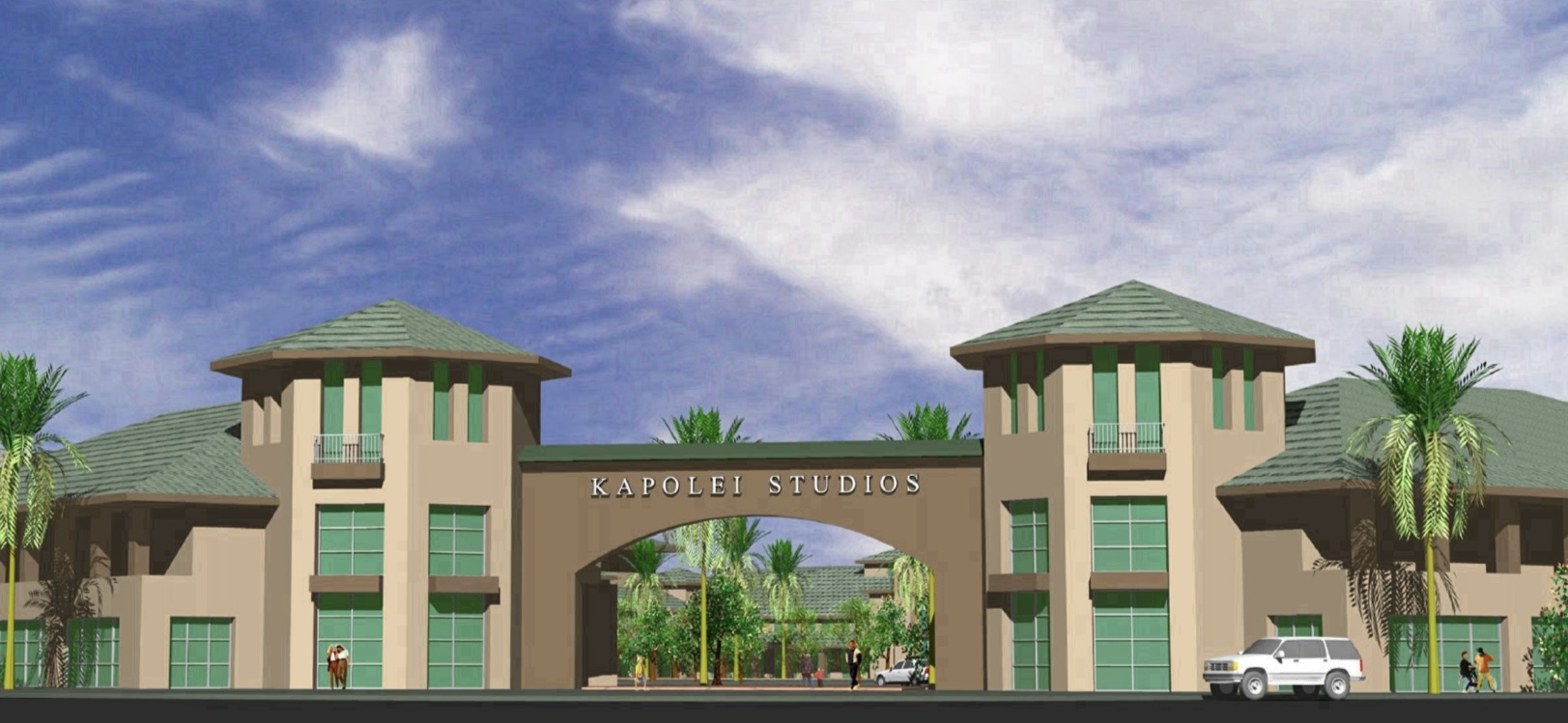 A rendering of the front gate at the planned Kapolei Studios. (Hawaii Studio Group)