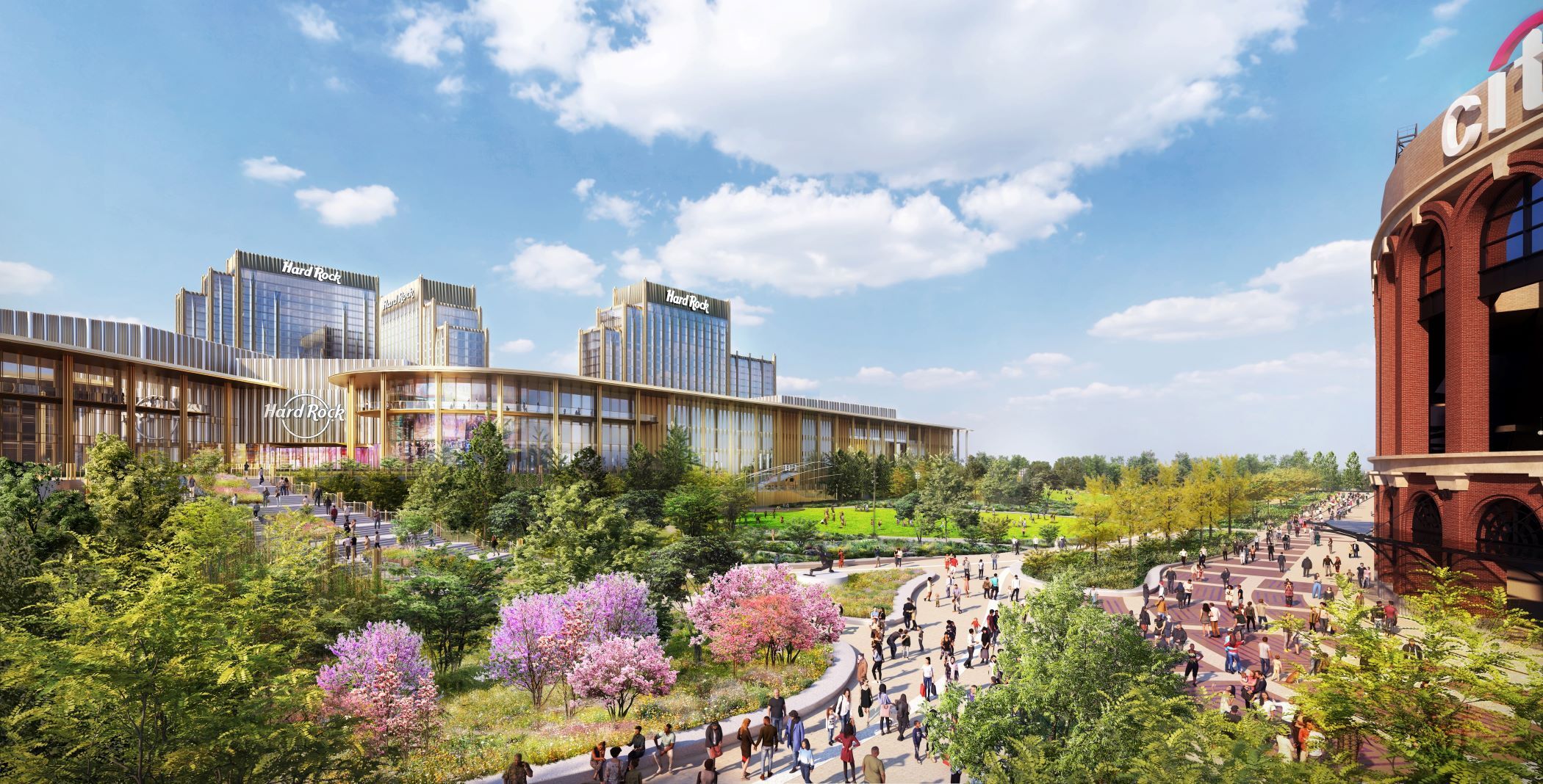 The $8 billion Metropolitan Park bid seeks to transform some 50 acres of parking lots around the Citi Field baseball stadium in Queens. (SHoP Architects, Field Operations)<br>