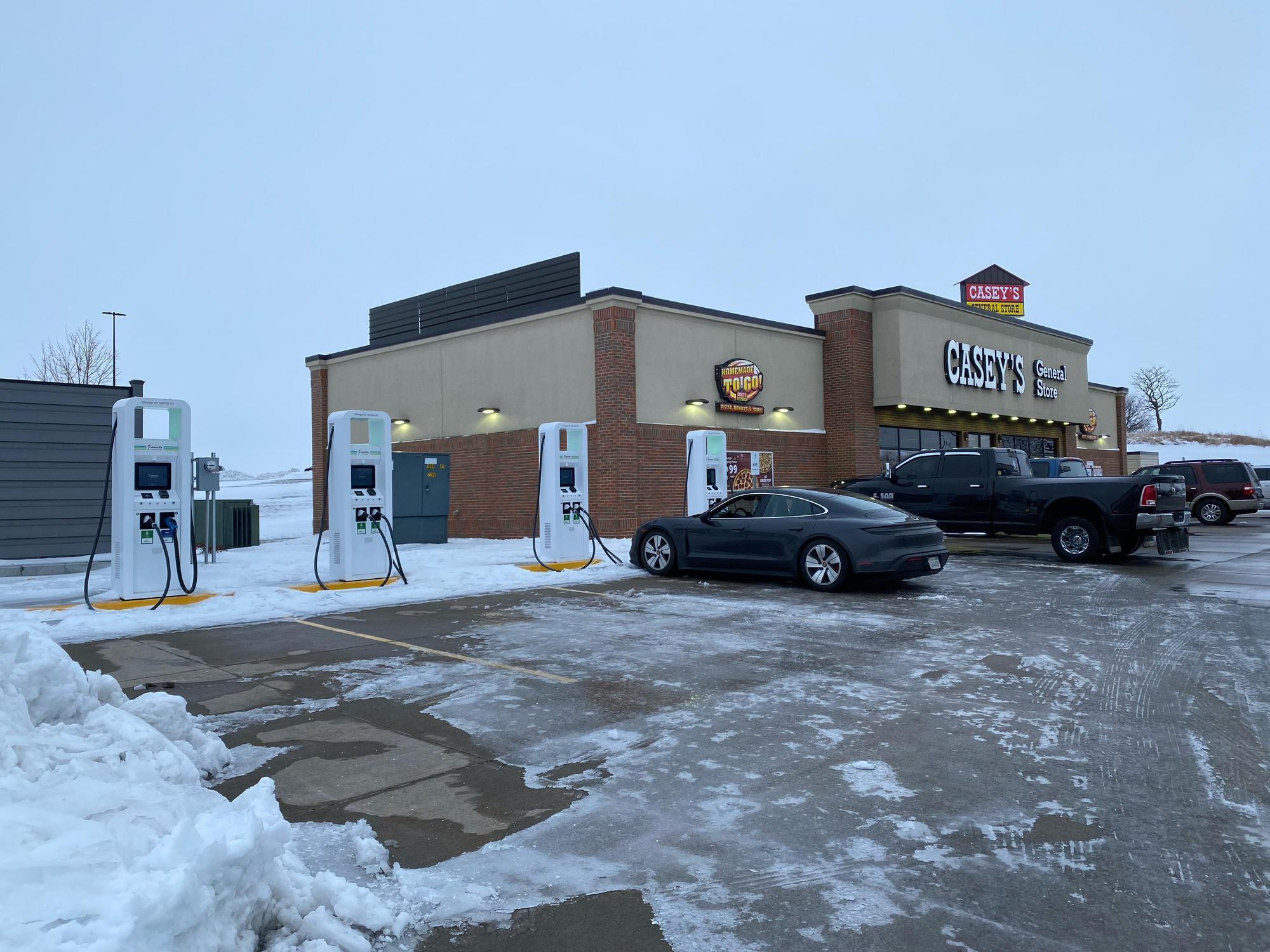 This Casey's General Store in Geneseo, Illinois, has installed Electrify America-made electric vehicle charging stations. (PlugShare)
