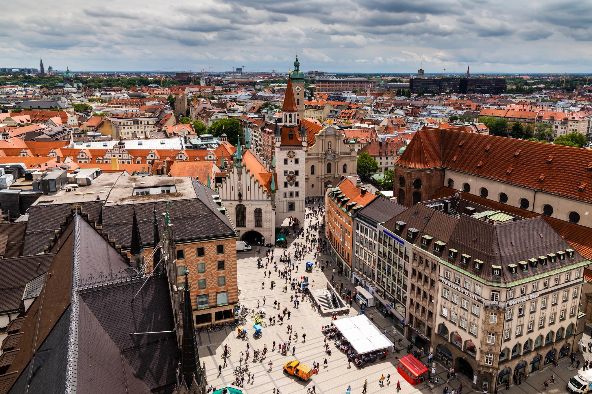 Aerial view on the Marienplatz in Munich, Germany - stock photo (Getty Images)