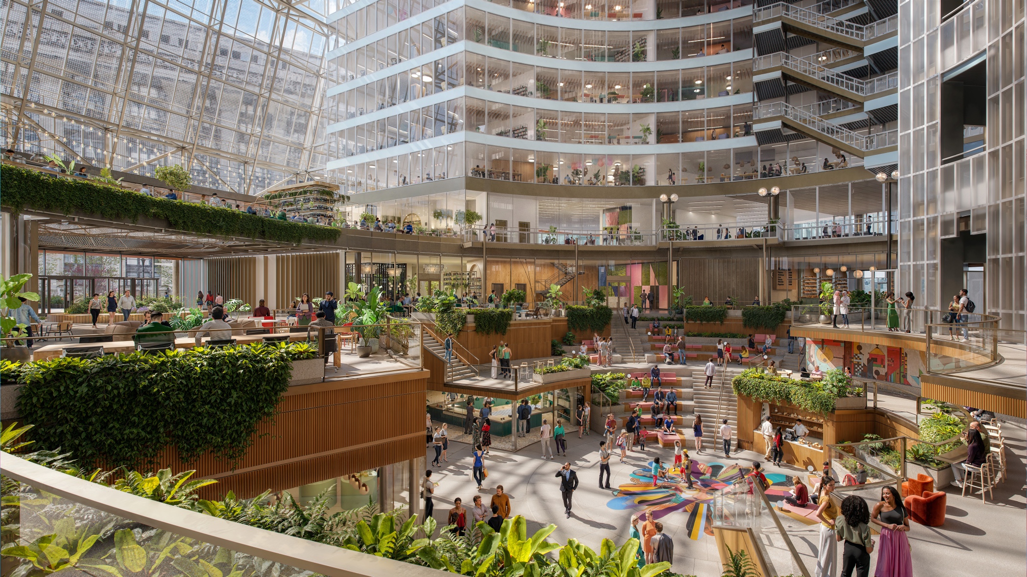 The redesigned atrium of Google's future Chicago home, the Helmut Jahn-designed James R. Thompson Center, would remain publicly accessible in this rendering. (Google)