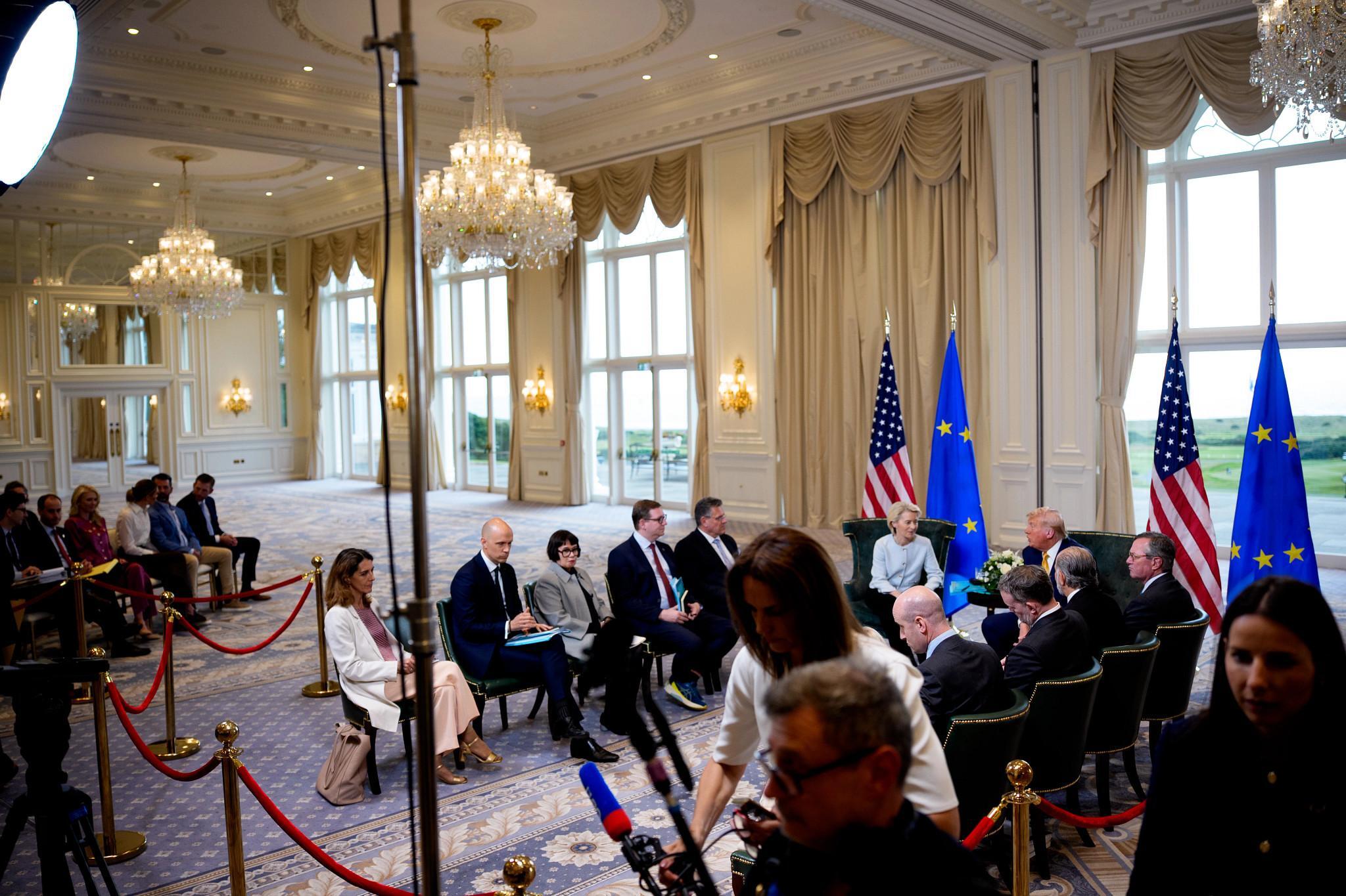 U.S. President Donald Trump, accompanied by President of the European Commission Ursula von der Leyen, speaks during a meeting at Trump Turnberry golf club on July 27, 2025 in Turnberry, Scotland. The U.S. and European Commission announced a new trade deal with 15% tariffs on most European goods. (Getty Images)