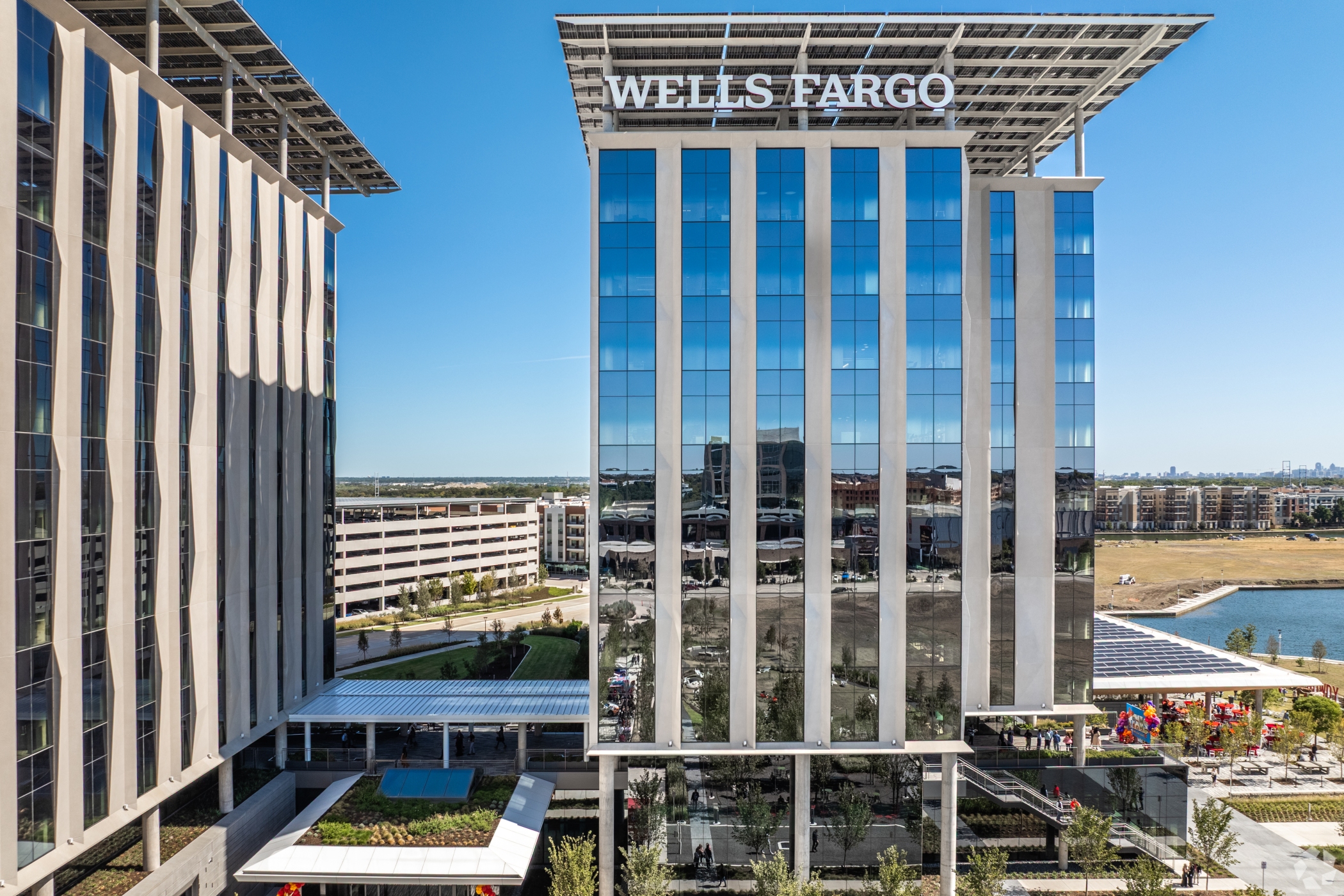 Wells Fargo's new campus is open 24 hours a day, seven days a week with on-site security. It sits alongside the shores of Lake Carolyn in Irving's Las Colinas Urban Center. (Adam Jebbeh/CoStar)