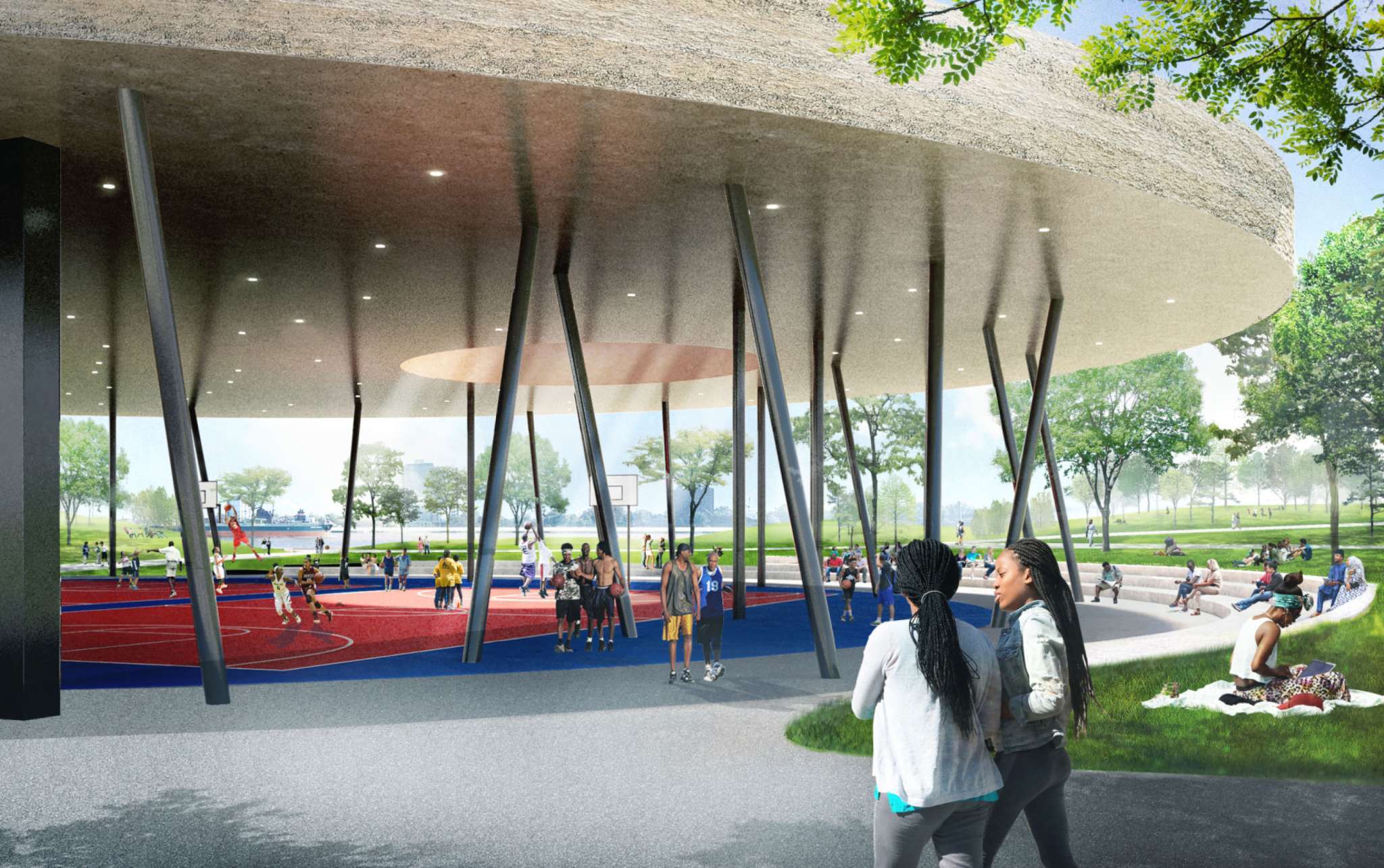 Adjaye Associates designed Sport House, one of several recreational facilities located at Ralph C. Wilson Jr. Centennial Park. (Detroit Riverfront Conservancy)