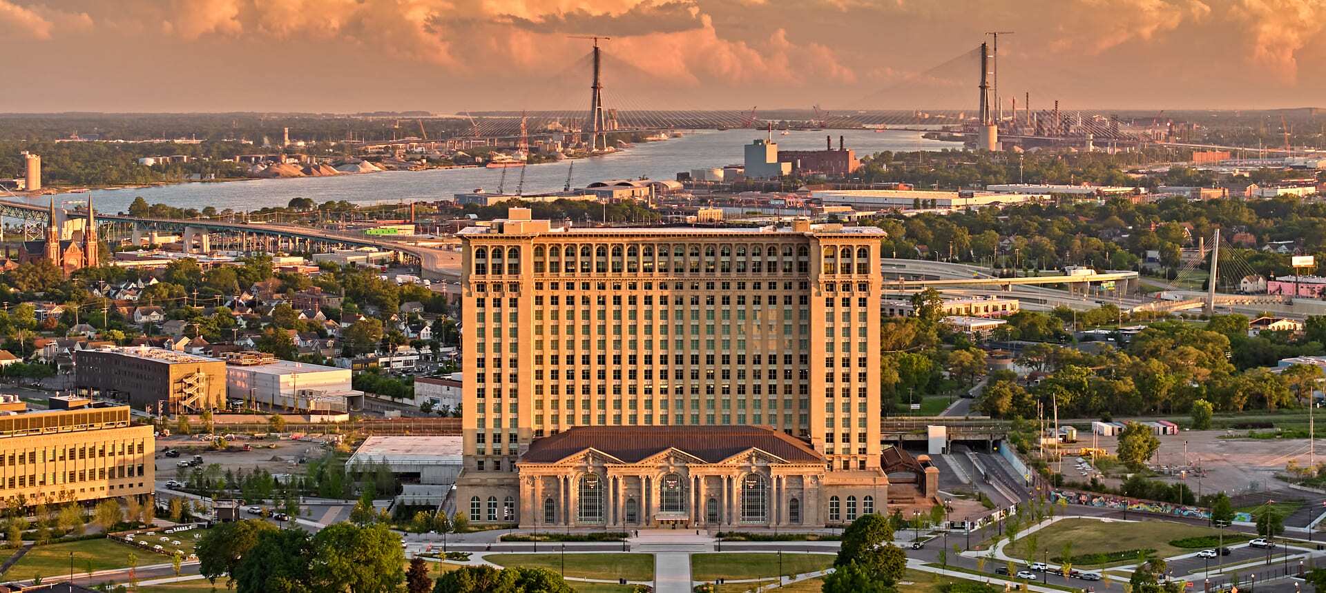 Ralph C. Wilson Jr. Centennial Park is located near the recently restored Michigan Central Station building in Detroit's Corktown neighborhood. (Quinn Evans)