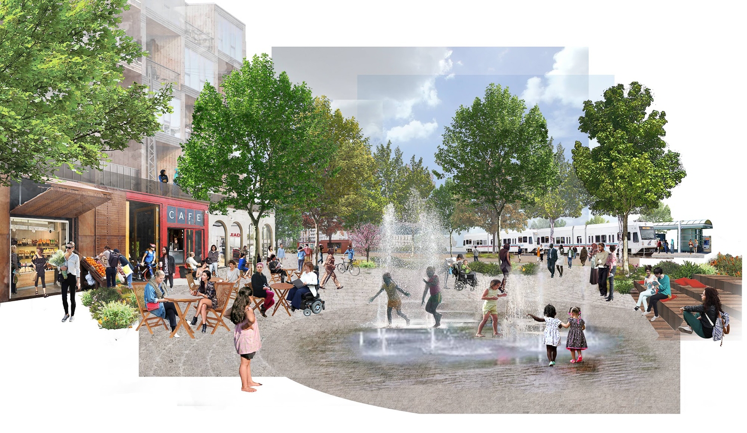 Renderings for mixed-use developments proposed by Google back in 2019 included retail and open space near public transit. (Google)