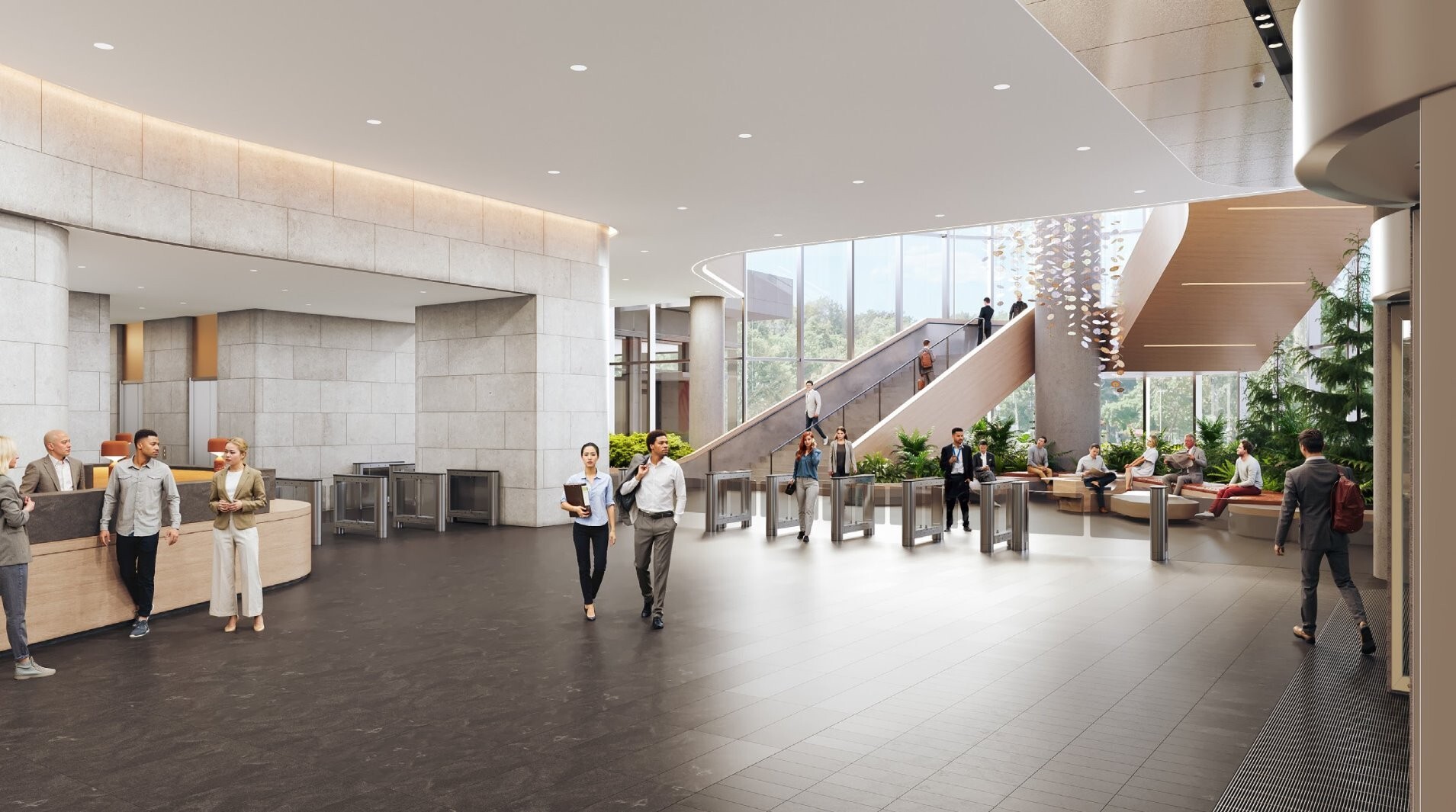 The two-story atrium lobby offers generous views of the outdoors. (Goldman Sachs)