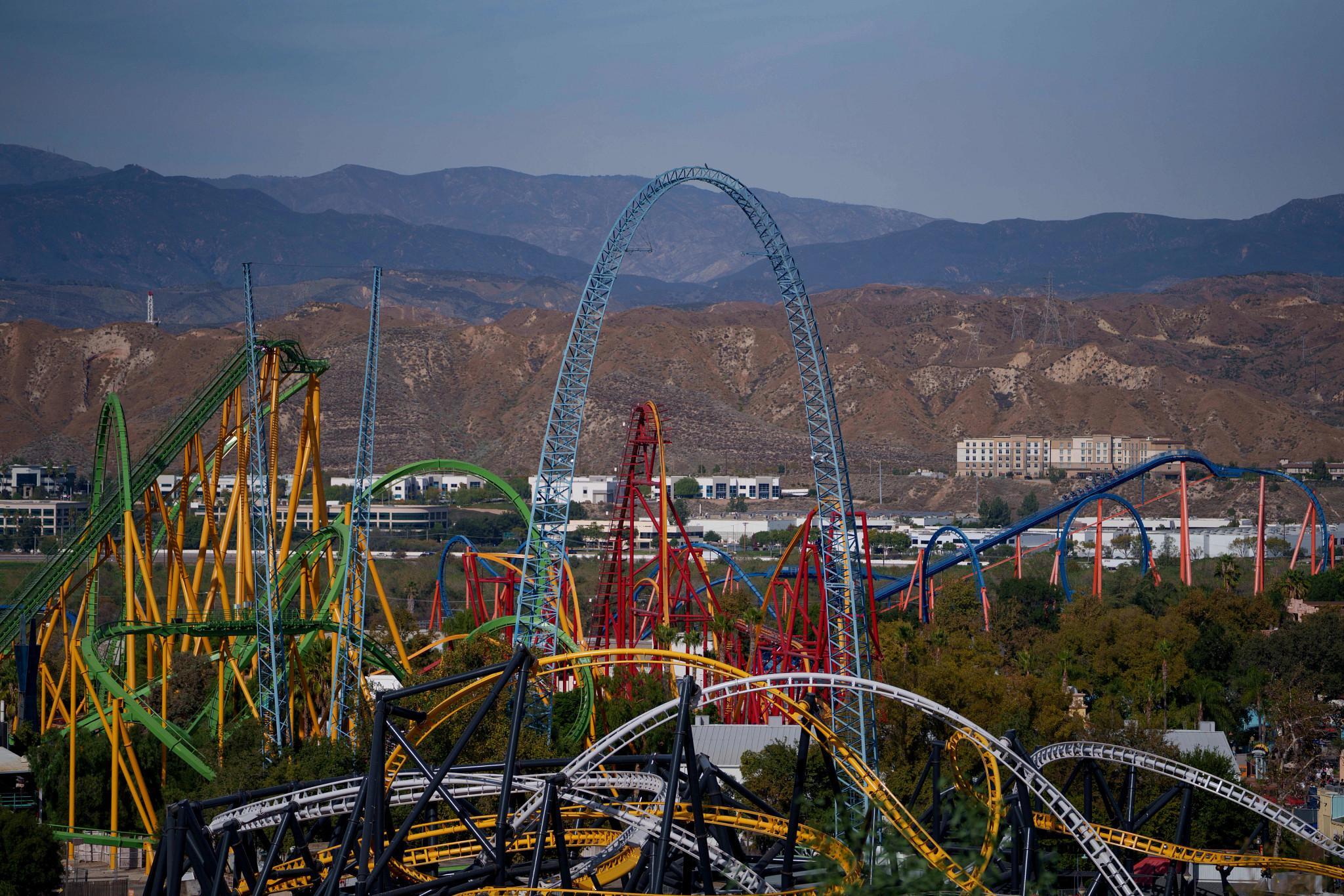 Rollercoasters at Six Flags Magic Mountain theme park in Valencia, California, US, on Saturday, Nov. 4, 2023. Cedar Fair Entertainment Co. is acquiring rival Six Flags Entertainment Corp. for about $1.88 billion in a deal that will create one of the biggest theme-park operators in the Americas. Photographer: Eric Thayer/Bloomberg via Getty Images (Bloomberg via Getty Images)