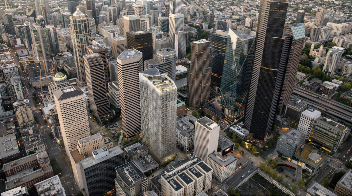The most recent design of "The Net" development proposal was designed by Seattle architecture firm NBBJ and unveiled in April 2019. (City of Seattle)