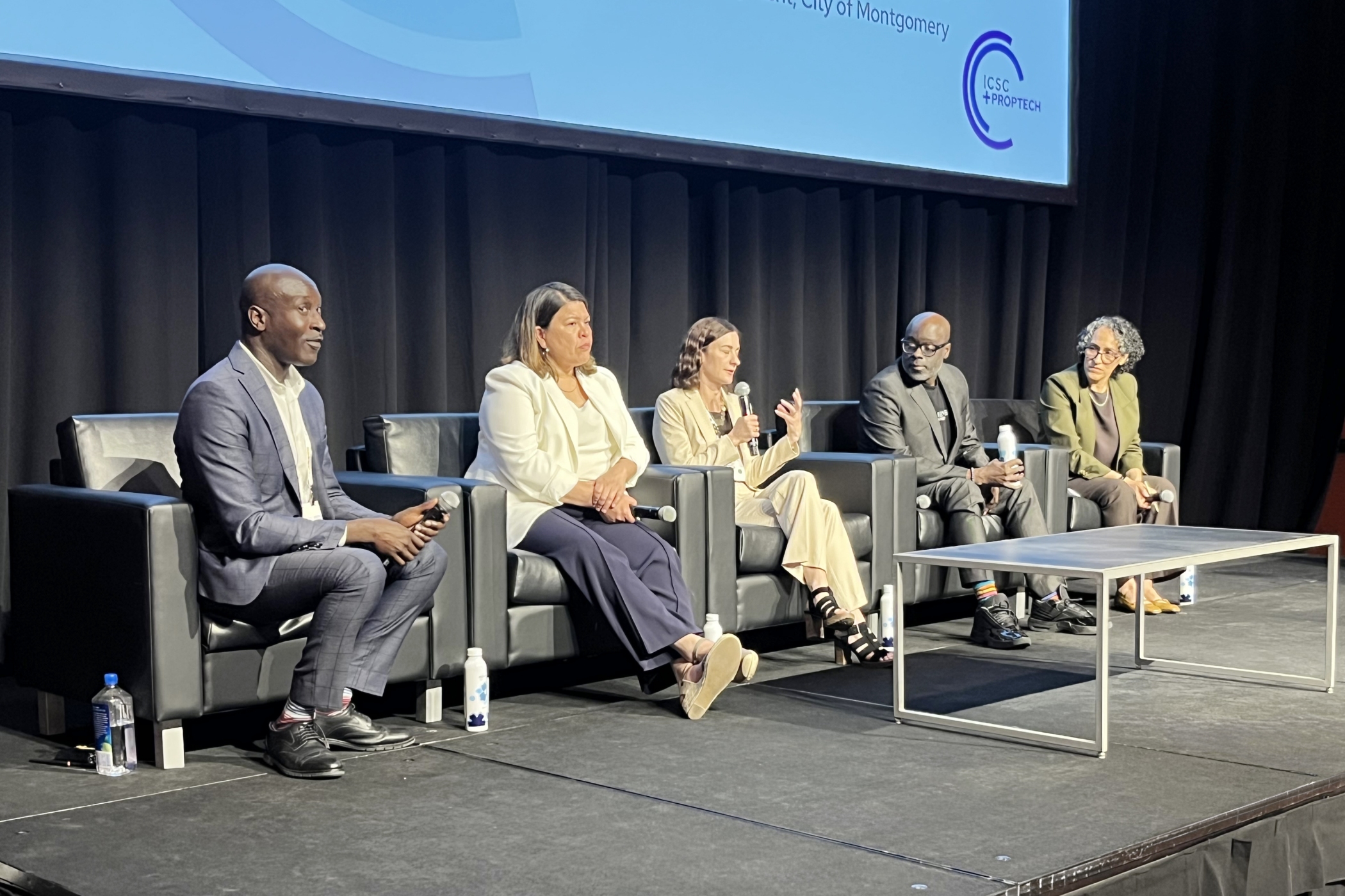Nina Albert, second from left, was part of a panel on activating vacant storefronts that included Davon Barbour, president and CEO, Downtown Austin Alliance; Cate Irvin, senior director of economic development, Pittsburgh Downtown Partnership; Frank Robinson, director of economic development, Montgomery, Alabama; and Larisa Ortiz, managing director, public nonprofit solutions, Streetsense. (Linda Moss/CoStar)