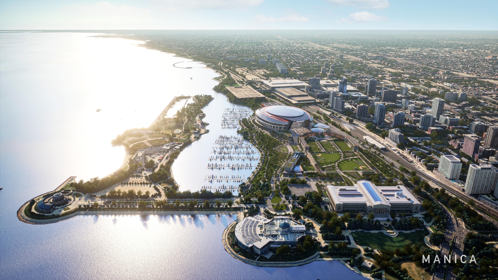 A proposed new Chicago Bears football stadium would be constructed at the south end of the Museum Campus, next to the site where Soldier Field now stands. (Chicago Bears)