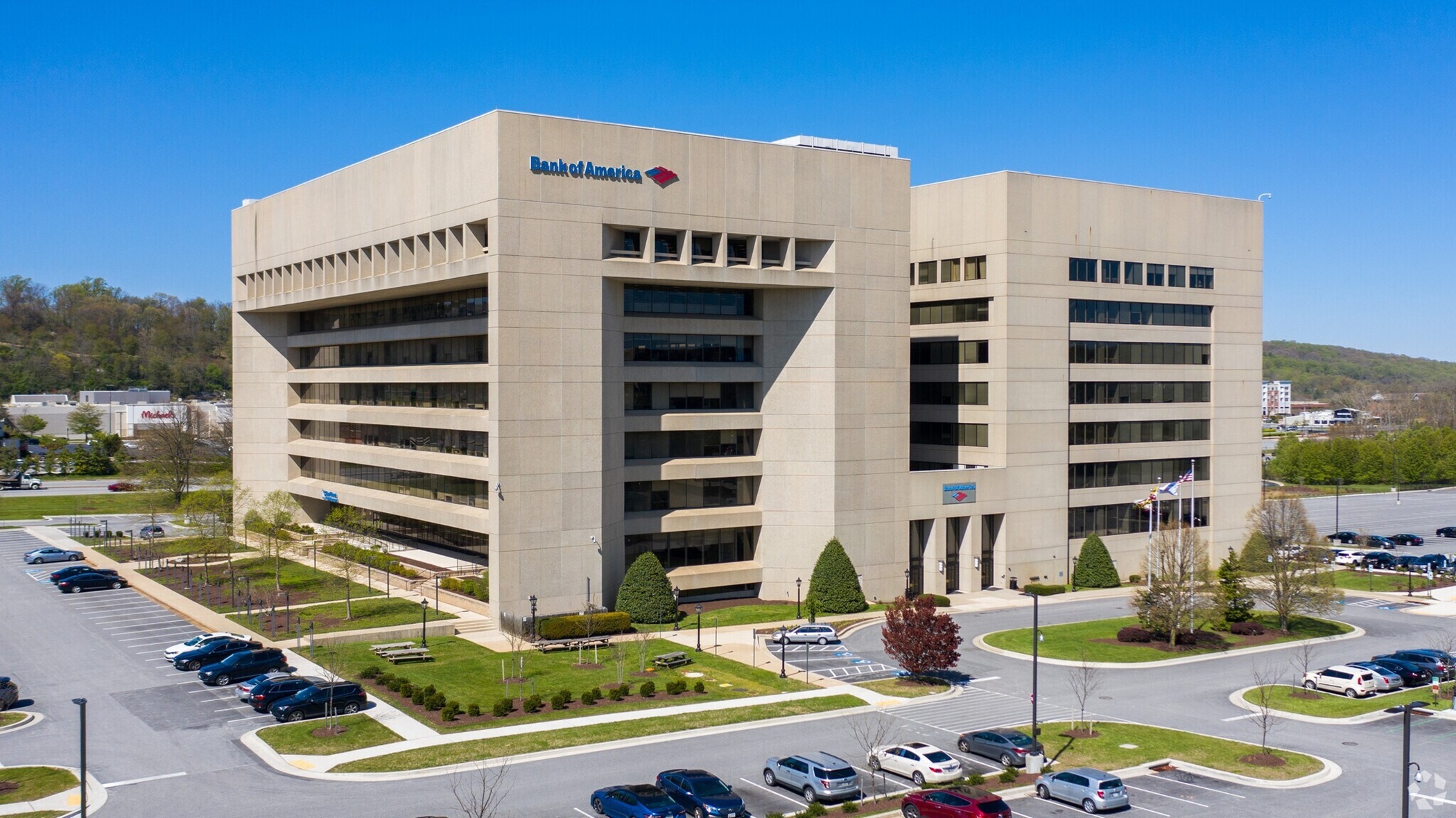 Bank of America, which occupies this office building in Hunt Valley, Maryland, said loan demand remains solid from consumers and businesses. (CoStar)