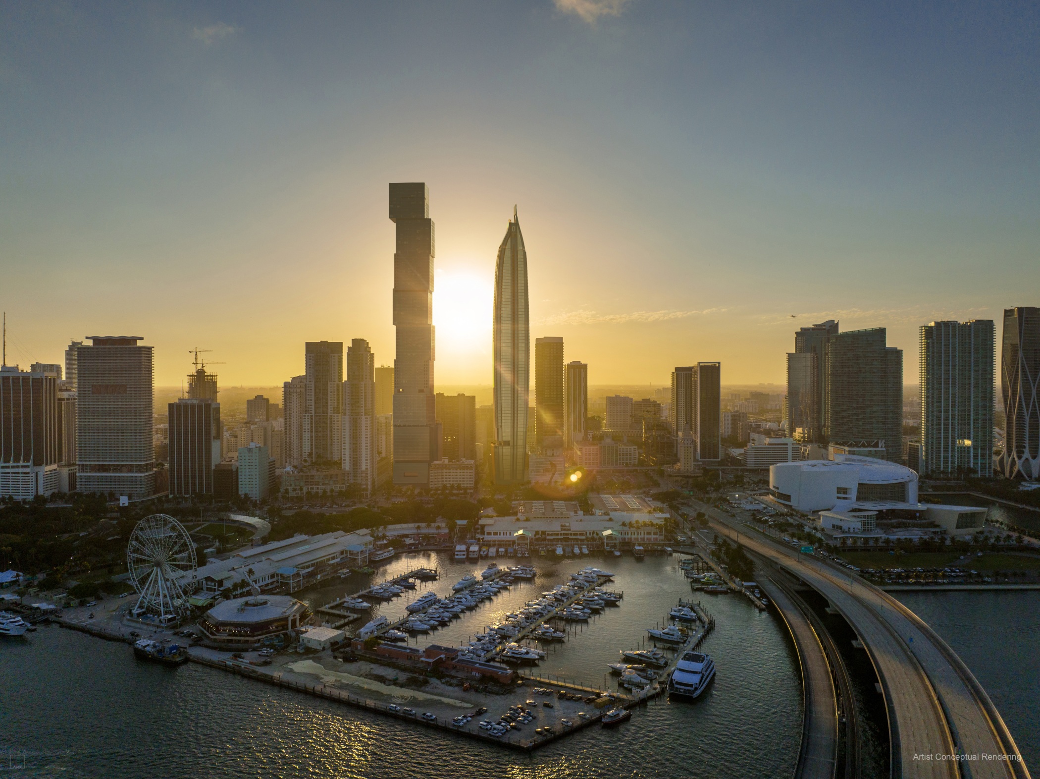 PMG and the owners of the Delano hotel brand have revealed plans for the Delano Residences, the pointed structure in center, a proposed supertall tower in downtown Miami. (ARX Creative)