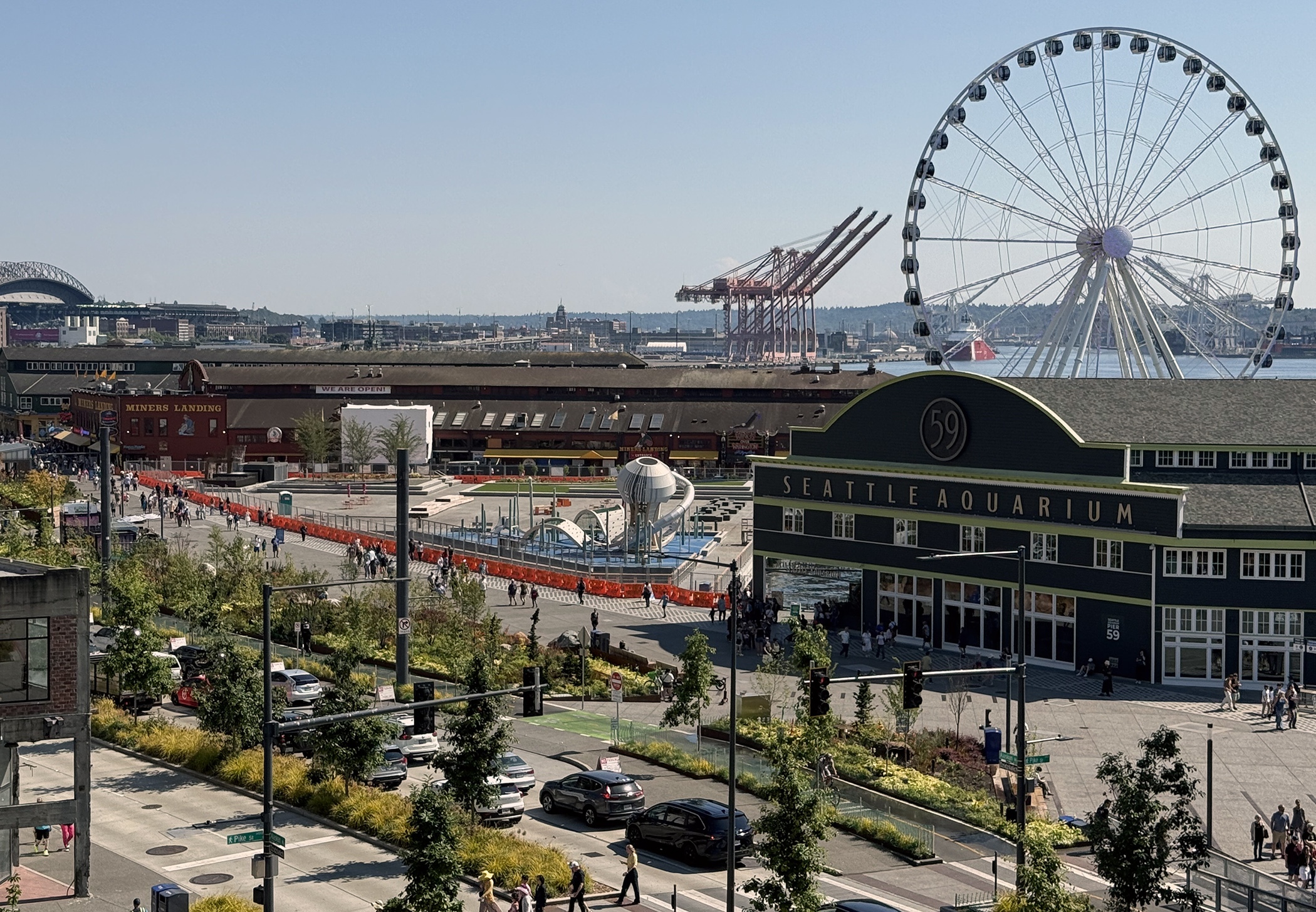 Pier 58, with a jellyfish-themed climbing tower, fountain and shaded tree grove, is the last major project in Seattle's $806 million waterfront revitalization project. (Randyl Drummer/CoStar)