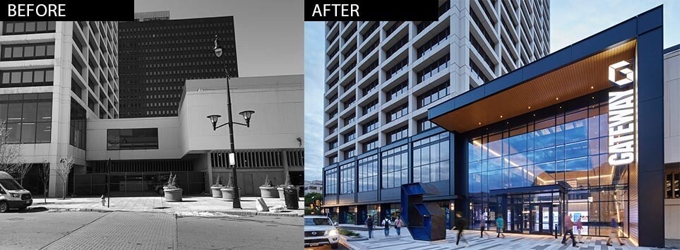The Gateway Center in Newark, New Jersey, added a glass atrium entrance to connect workers directly to city streets. (Gensler)