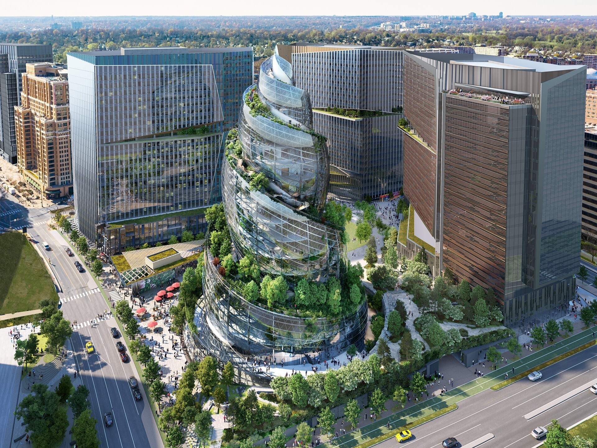 This rendering depicts the next phase of Amazon’s second headquarters project in the National Landing neighborhood of Northern Virginia. Arlington County extended site plan approval through the end of June 2028. (Amazon)